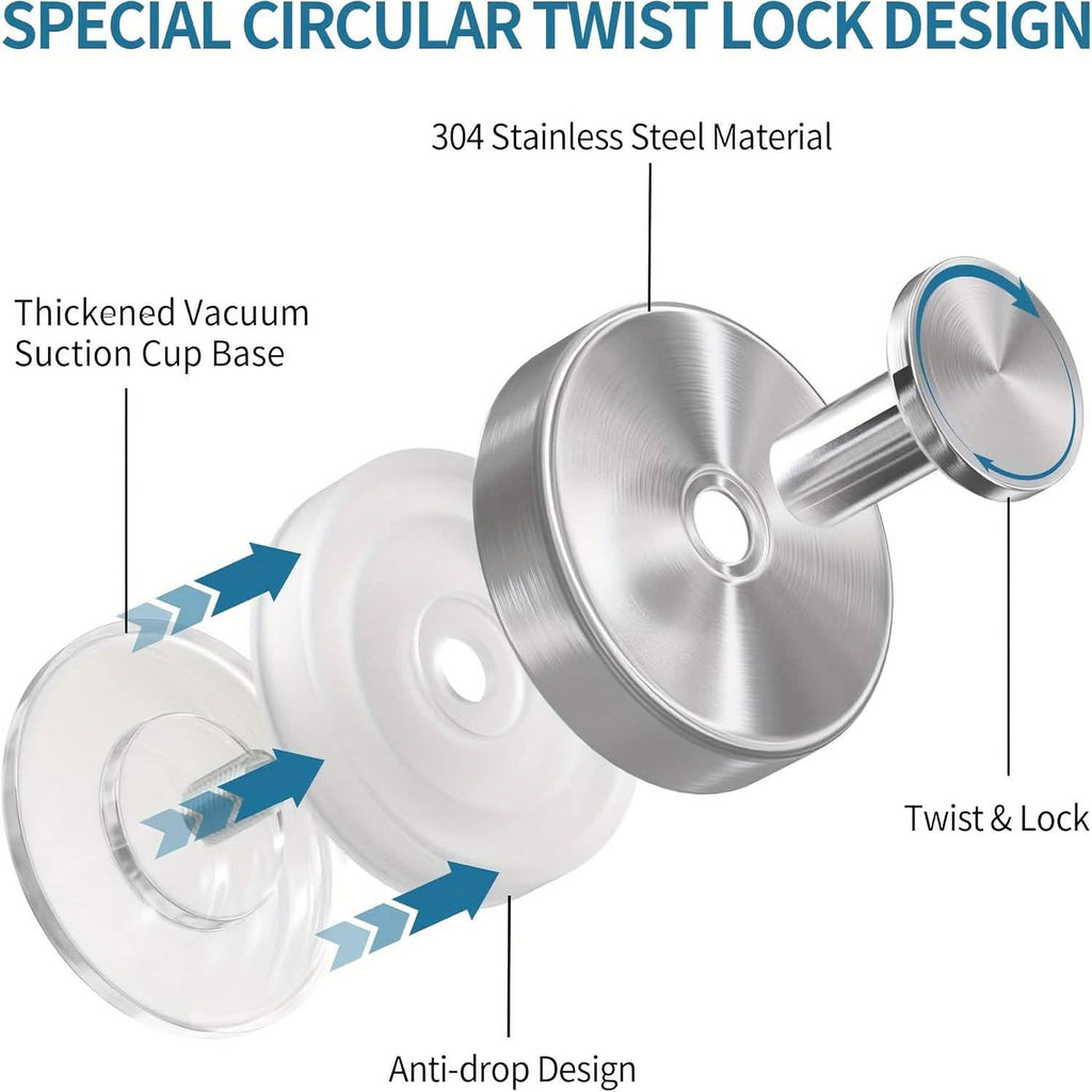 2-Pack: Strong Suction Cup Hooks – Silver Brushed Stainless Steel, No Drilling Required