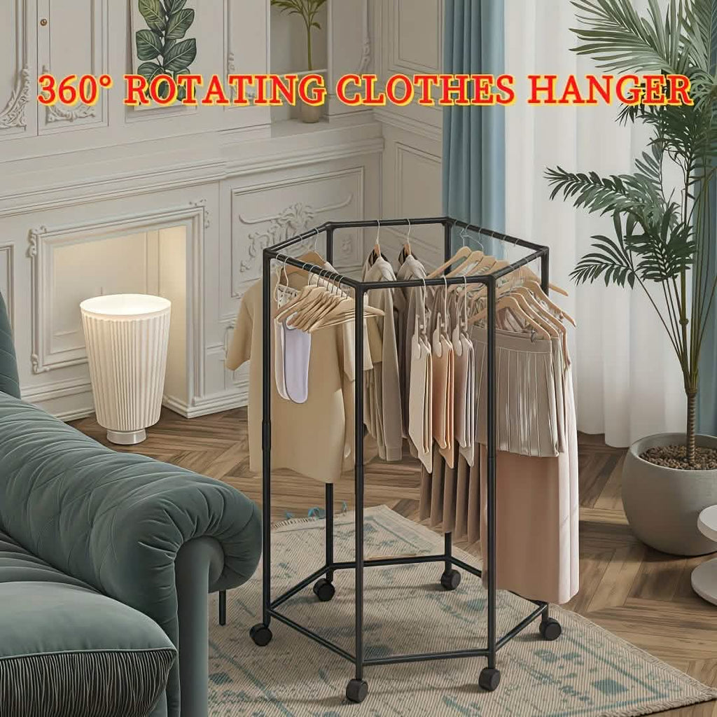 360° Rotating Freestanding Clothing Rack – Hexagonal Carbon Steel Organizer with Wheels