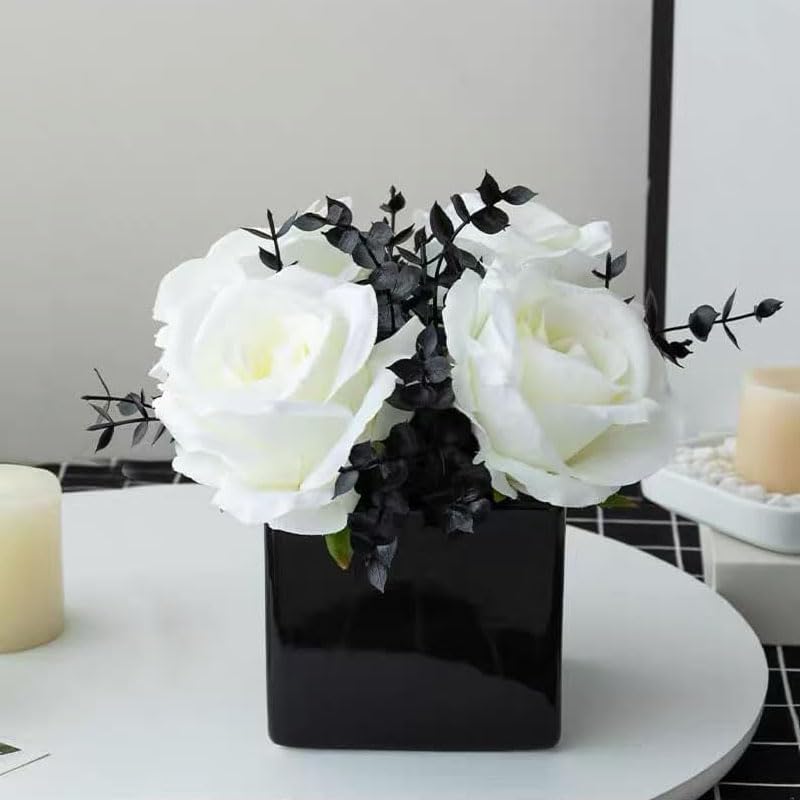 LADADA Artificial Flowers with Small Ceramic Vases, Roses in Vases Plastic Artificial Flowers and Plants,Used for Home Office Wedding Decoration, Table Decoration(White+Black)