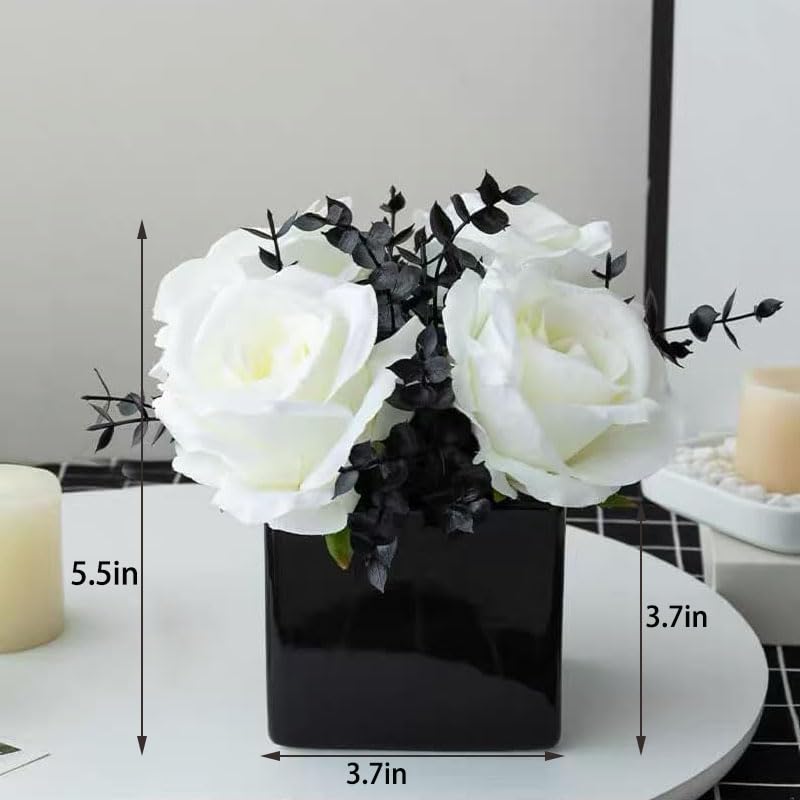 LADADA Artificial Flowers with Small Ceramic Vases, Roses in Vases Plastic Artificial Flowers and Plants,Used for Home Office Wedding Decoration, Table Decoration(White+Black)