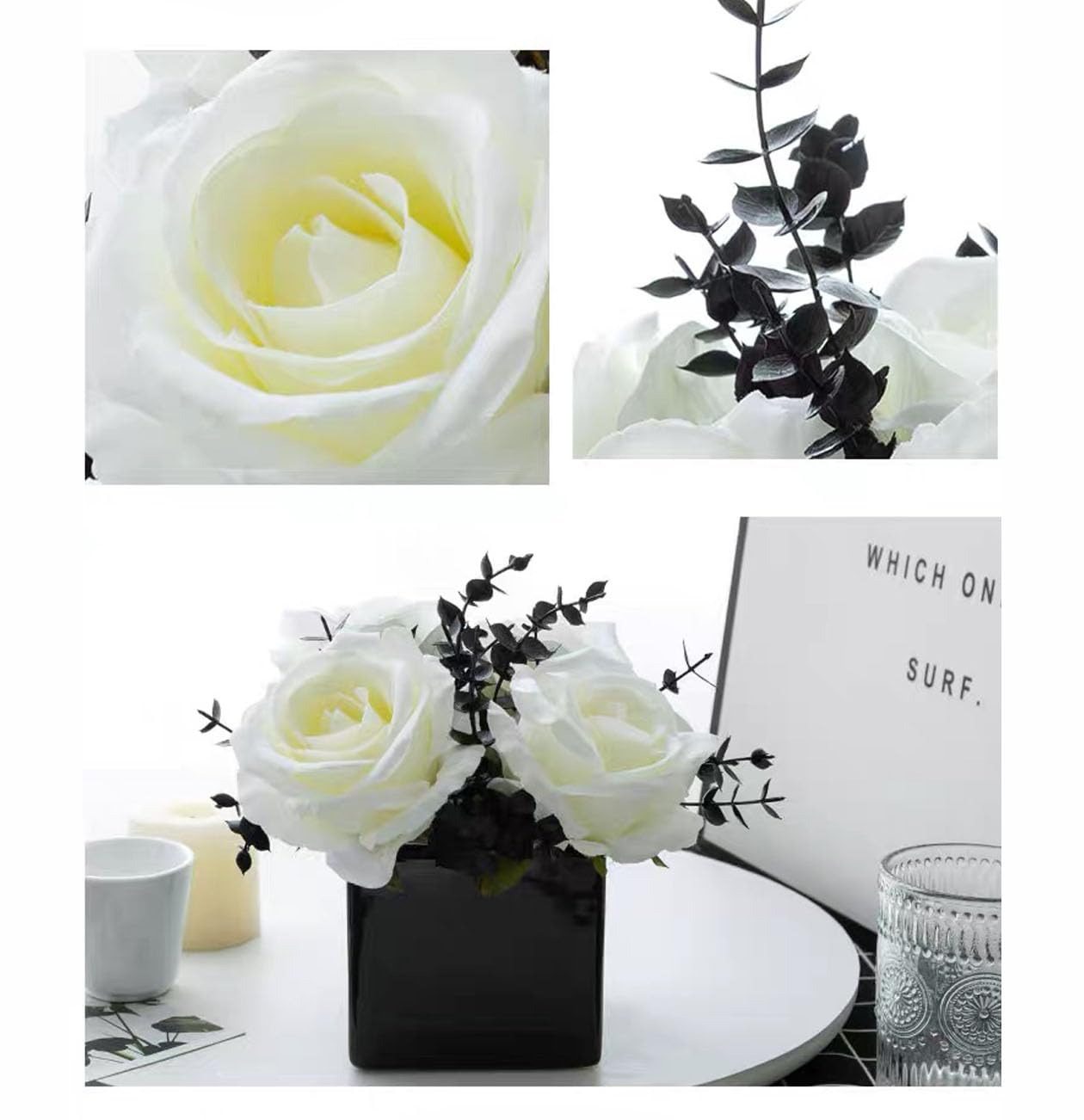 LADADA Artificial Flowers with Small Ceramic Vases, Roses in Vases Plastic Artificial Flowers and Plants,Used for Home Office Wedding Decoration, Table Decoration(White+Black)