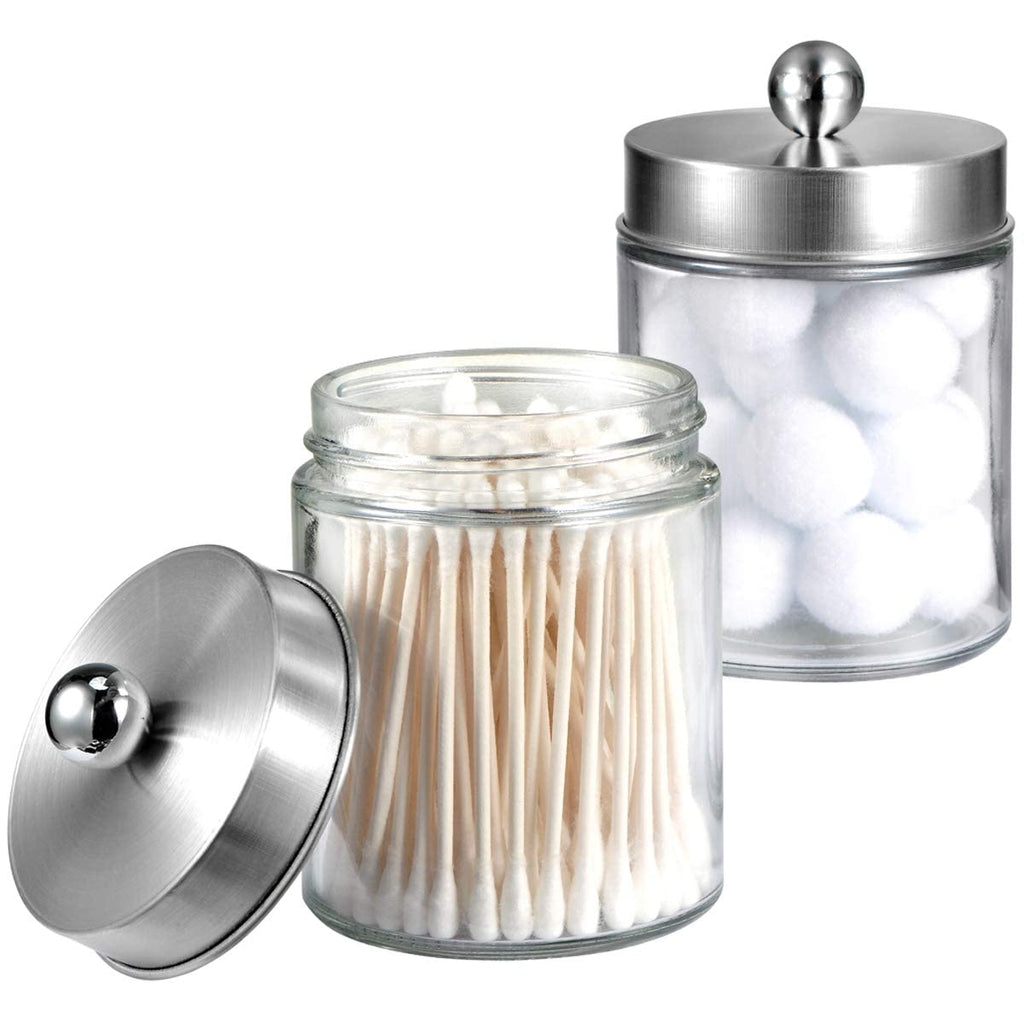 Amolliar 4Pc Apothecary Jars Bathroom Vanity Storage Organizer Set -Countertop Canister with Stainless Steel Lids &Stickers - Qtip Dispenser Holder for Qtip,Cotton Swab,Makeup Sponge (Brushed Nickel)
