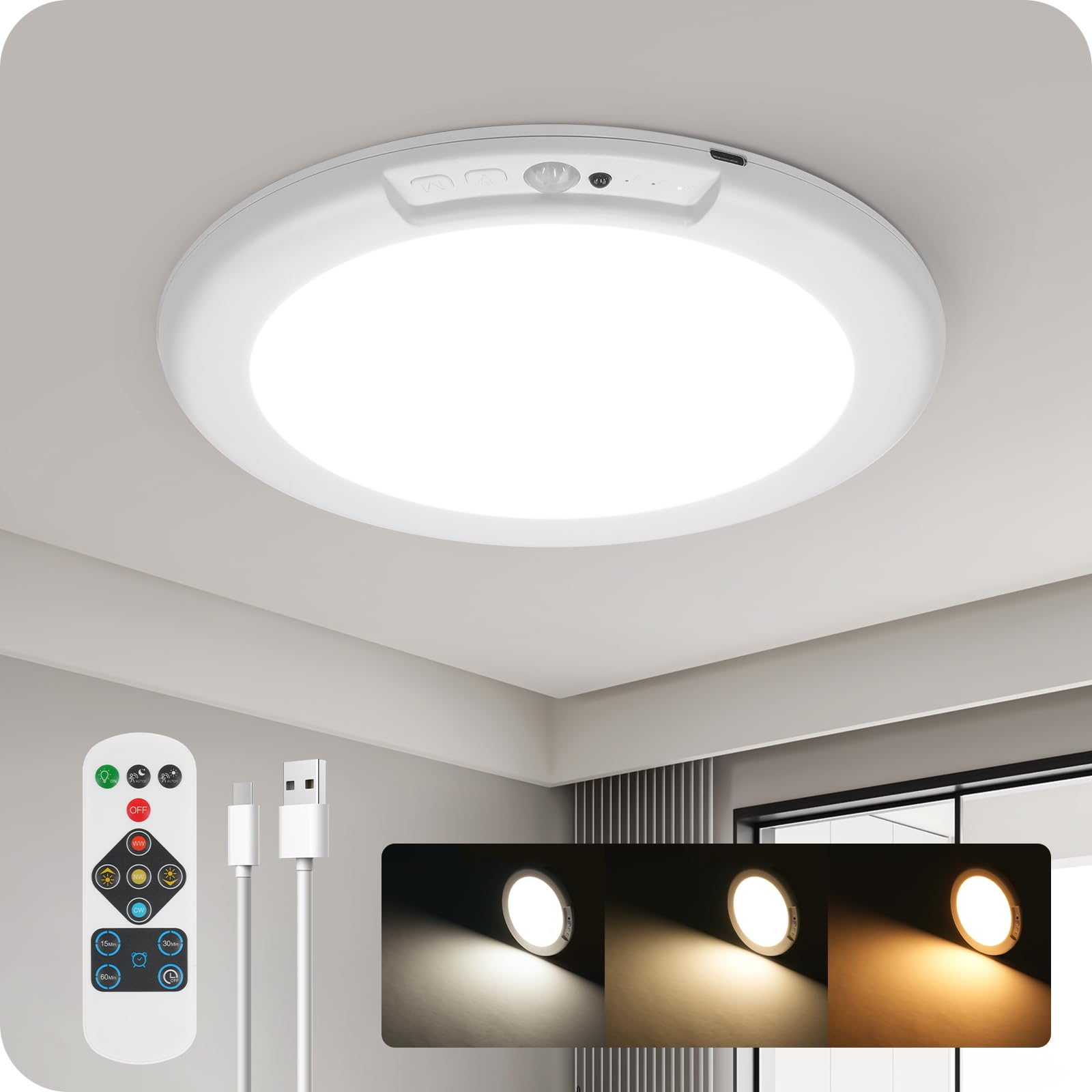 Rechargeable Motion Sensor Ceiling Light with Remote, Wireless Ceiling Light Battery Operated, No Wiring, Magnetic, Dimmable Shower Light, Timer, 3 Color 6000K, Rechargeable Light for Closet Hallway