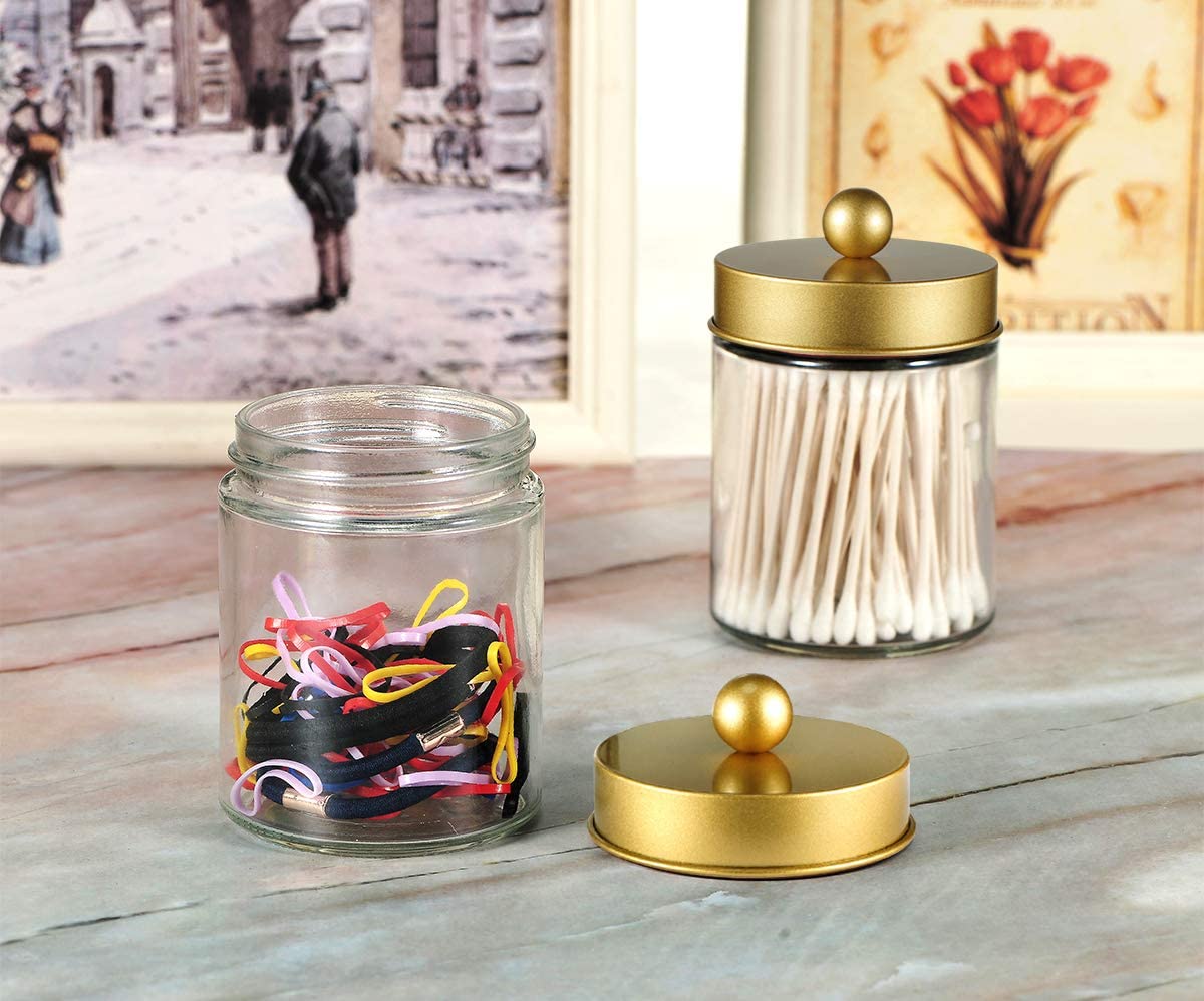 Amolliar 4Pc Apothecary Jars Bathroom Vanity Storage Organizer Set -Countertop Canister with Stainless Steel Lids &Stickers - Qtip Dispenser Holder for Qtip,Cotton Swab,Makeup Sponge (Brushed Nickel)