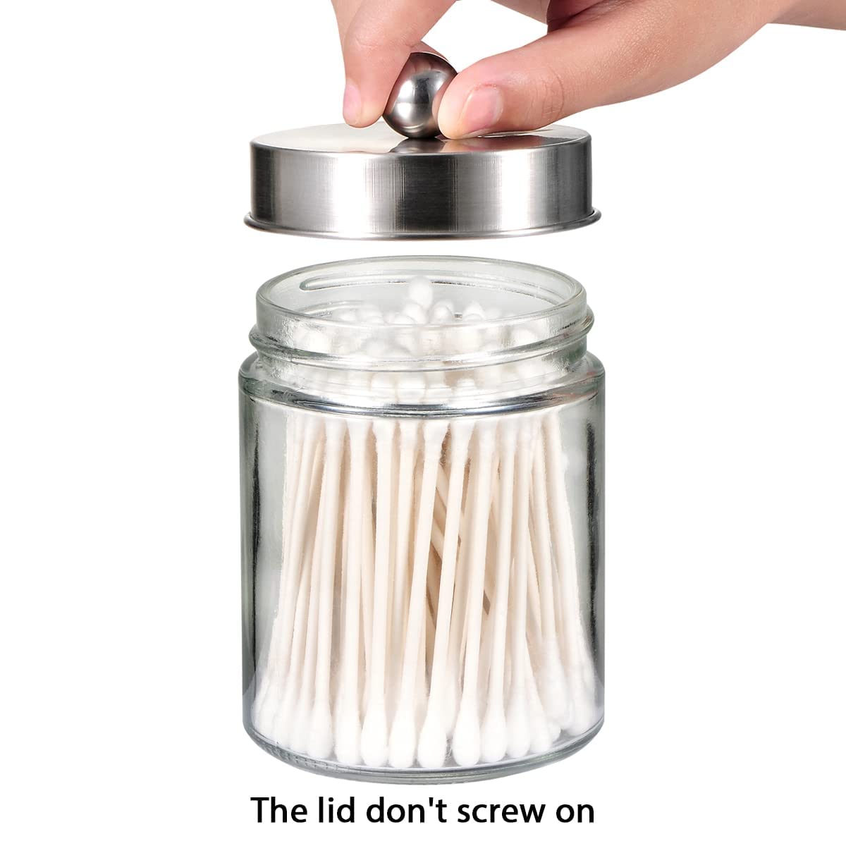 Amolliar 4Pc Apothecary Jars Bathroom Vanity Storage Organizer Set -Countertop Canister with Stainless Steel Lids &Stickers - Qtip Dispenser Holder for Qtip,Cotton Swab,Makeup Sponge (Brushed Nickel)