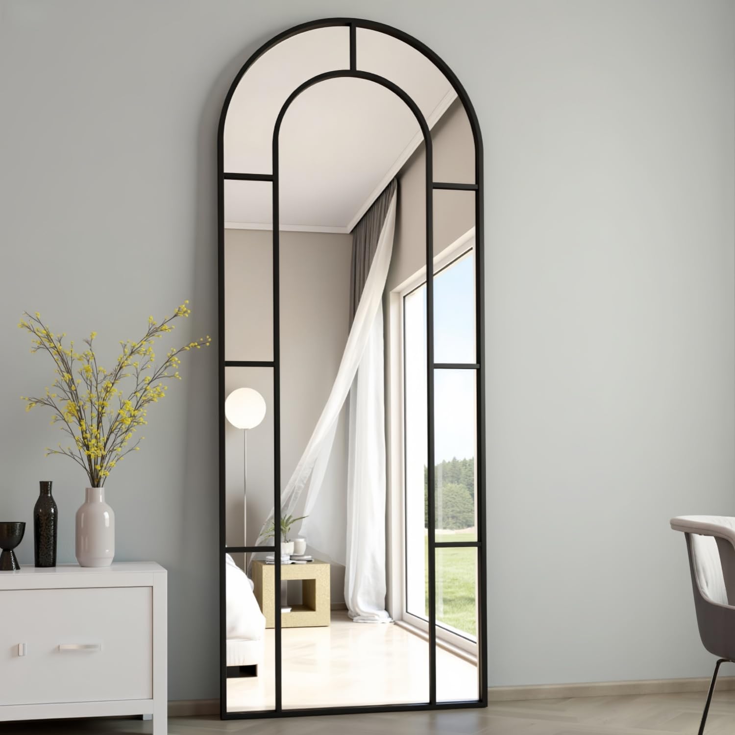 Full Length Mirror, 65"x24" Window Pane Mirror for Wall Decor, Black Full Body or Wall Mounted Mirrors, Farmhouse Standing Mirrors Hanging or Leaning for Living Room, Entryway, No Stand