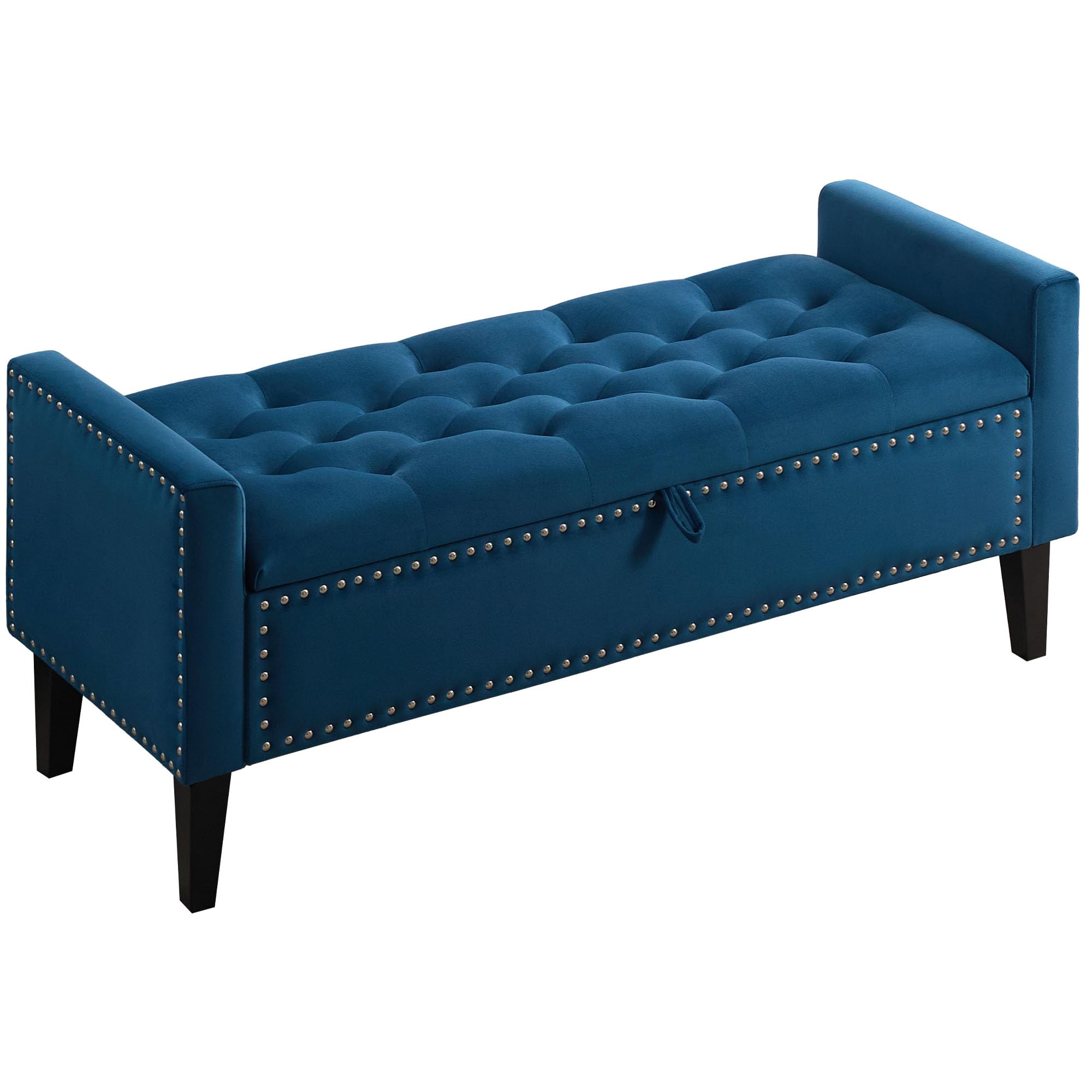 47in Velvet Storage Ottoman Bench with Arms, Upholstered Storage Bench with Wooden Legs, Storage Bench for Bedroom, Living Room, Entryway, Blue Grey