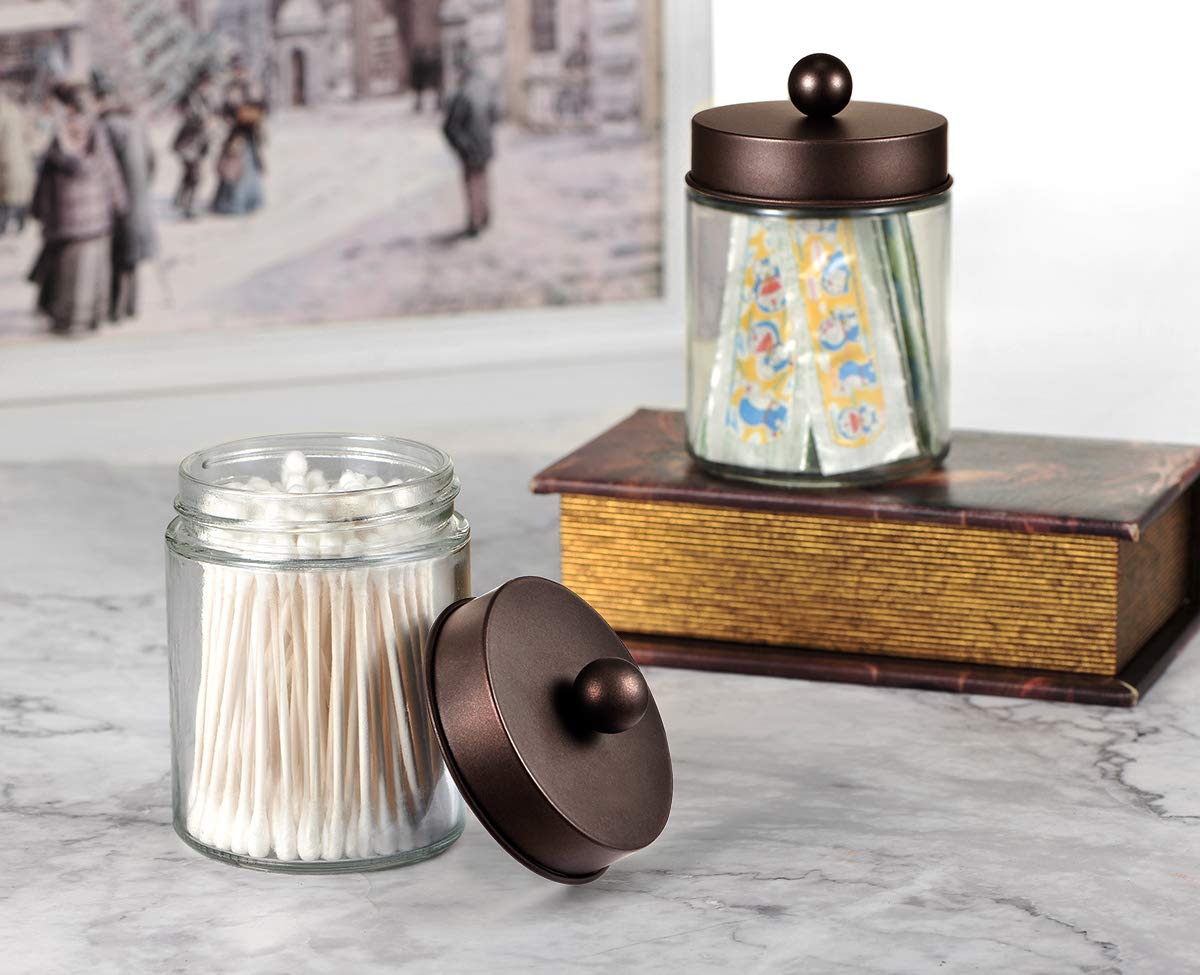 Amolliar 4Pc Apothecary Jars Bathroom Vanity Storage Organizer Set -Countertop Canister with Stainless Steel Lids &Stickers - Qtip Dispenser Holder for Qtip,Cotton Swab,Makeup Sponge (Brushed Nickel)