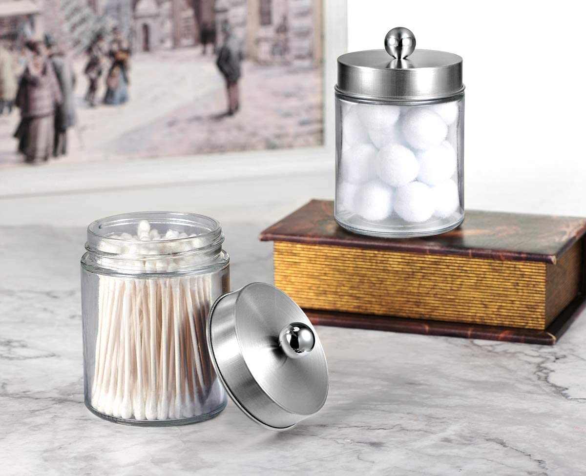 Amolliar 4Pc Apothecary Jars Bathroom Vanity Storage Organizer Set -Countertop Canister with Stainless Steel Lids &Stickers - Qtip Dispenser Holder for Qtip,Cotton Swab,Makeup Sponge (Brushed Nickel)