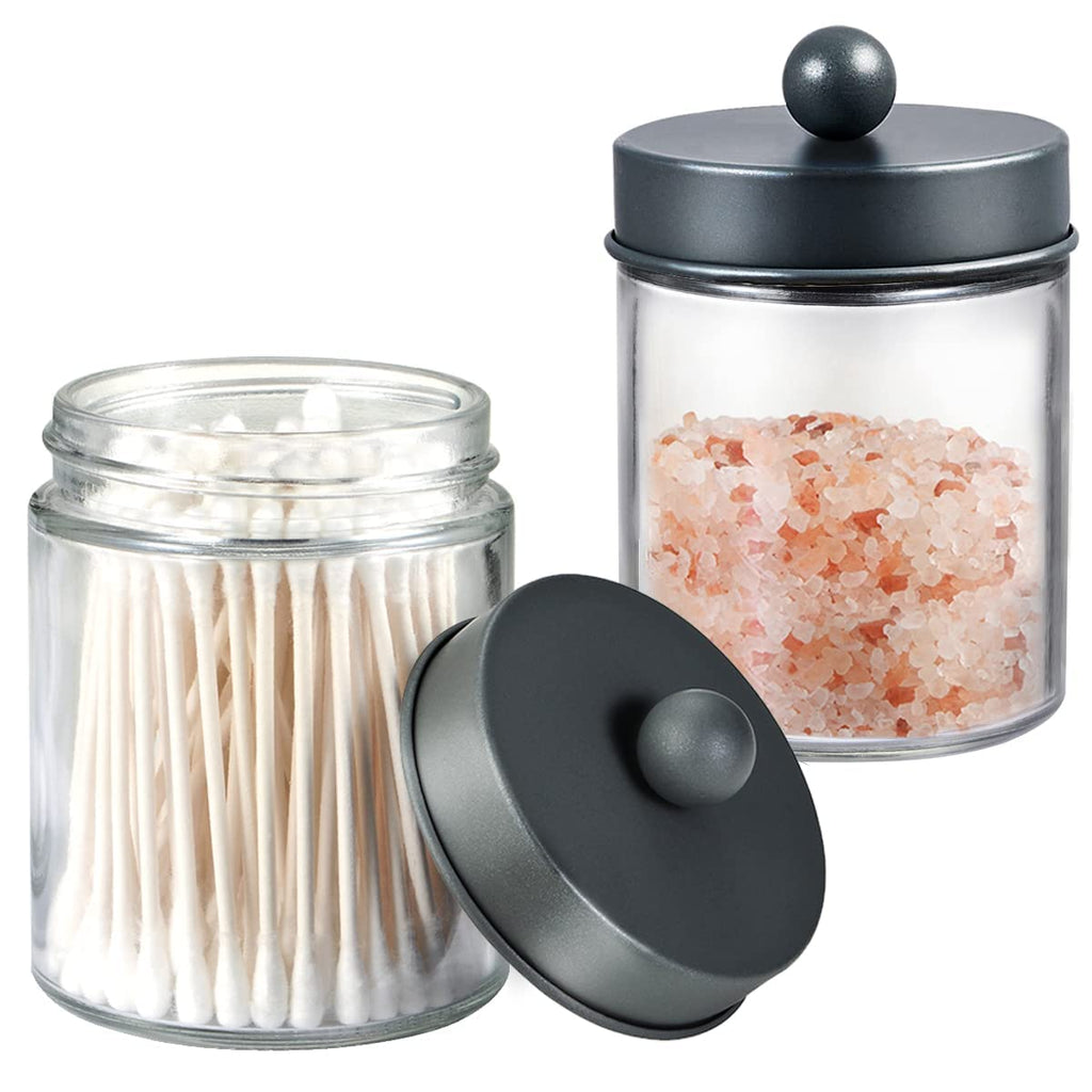 Amolliar 4Pc Apothecary Jars Bathroom Vanity Storage Organizer Set -Countertop Canister with Stainless Steel Lids &Stickers - Qtip Dispenser Holder for Qtip,Cotton Swab,Makeup Sponge (Brushed Nickel)