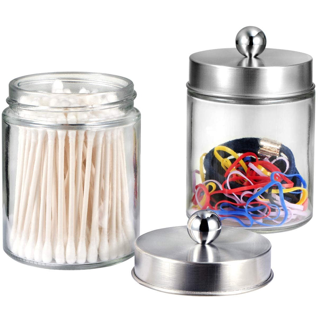 Amolliar 4Pc Apothecary Jars Bathroom Vanity Storage Organizer Set -Countertop Canister with Stainless Steel Lids &Stickers - Qtip Dispenser Holder for Qtip,Cotton Swab,Makeup Sponge (Brushed Nickel)