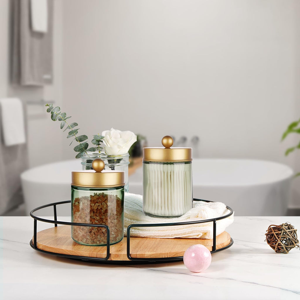 Amolliar 4Pc Apothecary Jars Bathroom Vanity Storage Organizer Set -Countertop Canister with Stainless Steel Lids &Stickers - Qtip Dispenser Holder for Qtip,Cotton Swab,Makeup Sponge (Brushed Nickel)