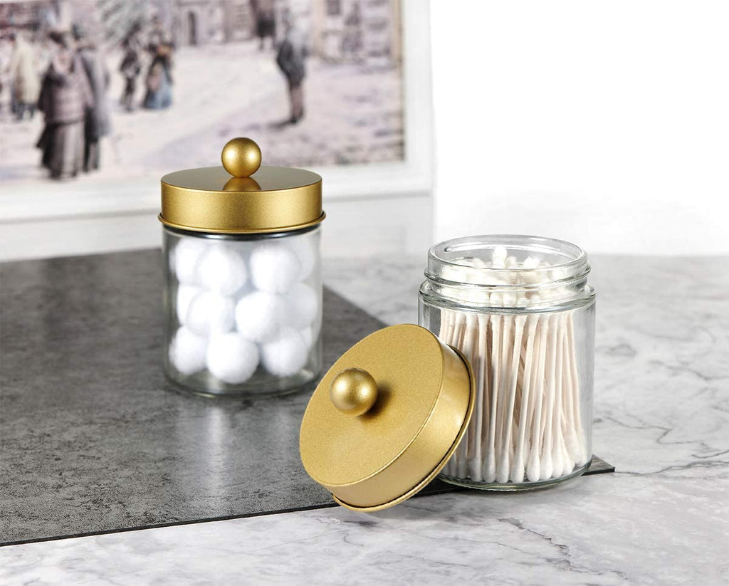 Amolliar 4Pc Apothecary Jars Bathroom Vanity Storage Organizer Set -Countertop Canister with Stainless Steel Lids &Stickers - Qtip Dispenser Holder for Qtip,Cotton Swab,Makeup Sponge (Brushed Nickel)