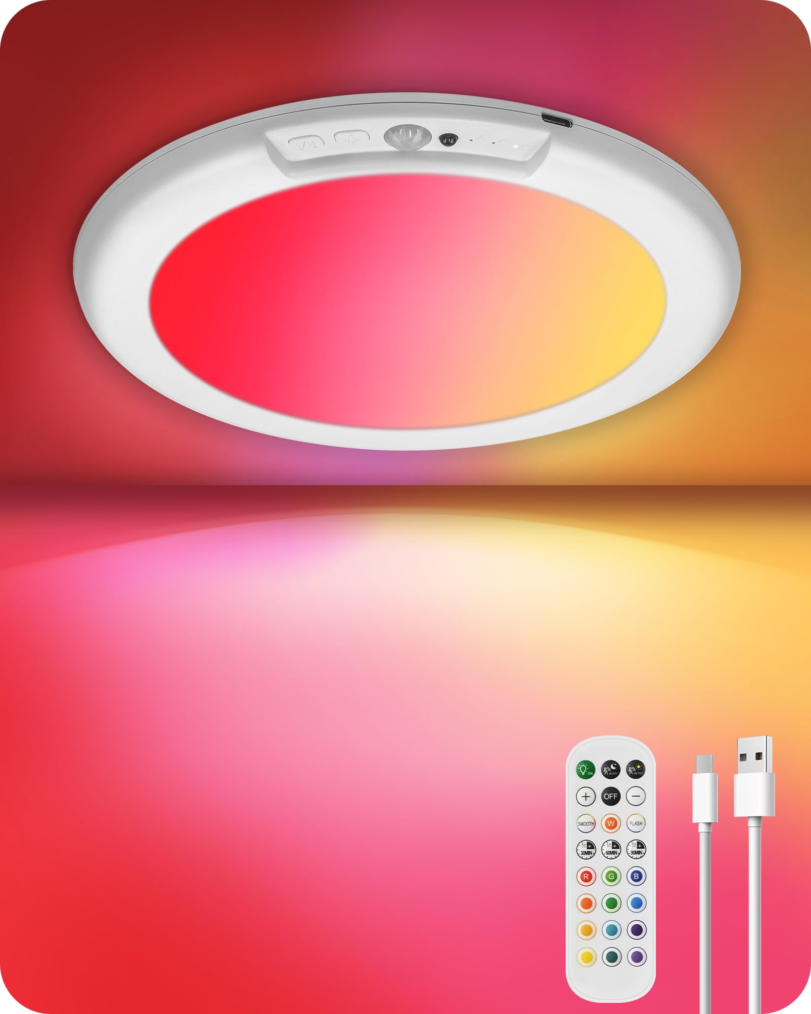 Rechargeable Motion Sensor Ceiling Light with Remote, Wireless Ceiling Light Battery Operated, No Wiring, Magnetic, Dimmable Shower Light, Timer, 3 Color 6000K, Rechargeable Light for Closet Hallway