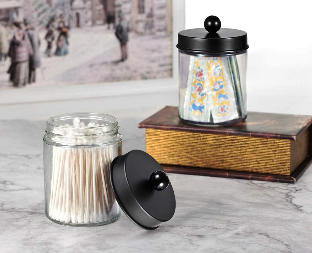 Amolliar 4Pc Apothecary Jars Bathroom Vanity Storage Organizer Set -Countertop Canister with Stainless Steel Lids &Stickers - Qtip Dispenser Holder for Qtip,Cotton Swab,Makeup Sponge (Brushed Nickel)