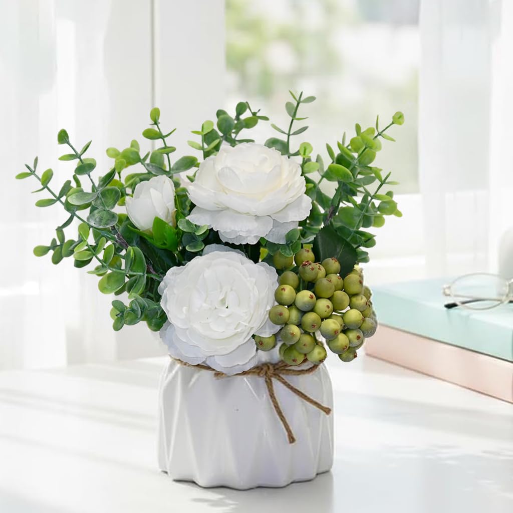 LADADA Artificial Flowers with Small Ceramic Vases, Roses in Vases Plastic Artificial Flowers and Plants,Used for Home Office Wedding Decoration, Table Decoration(White+Black)