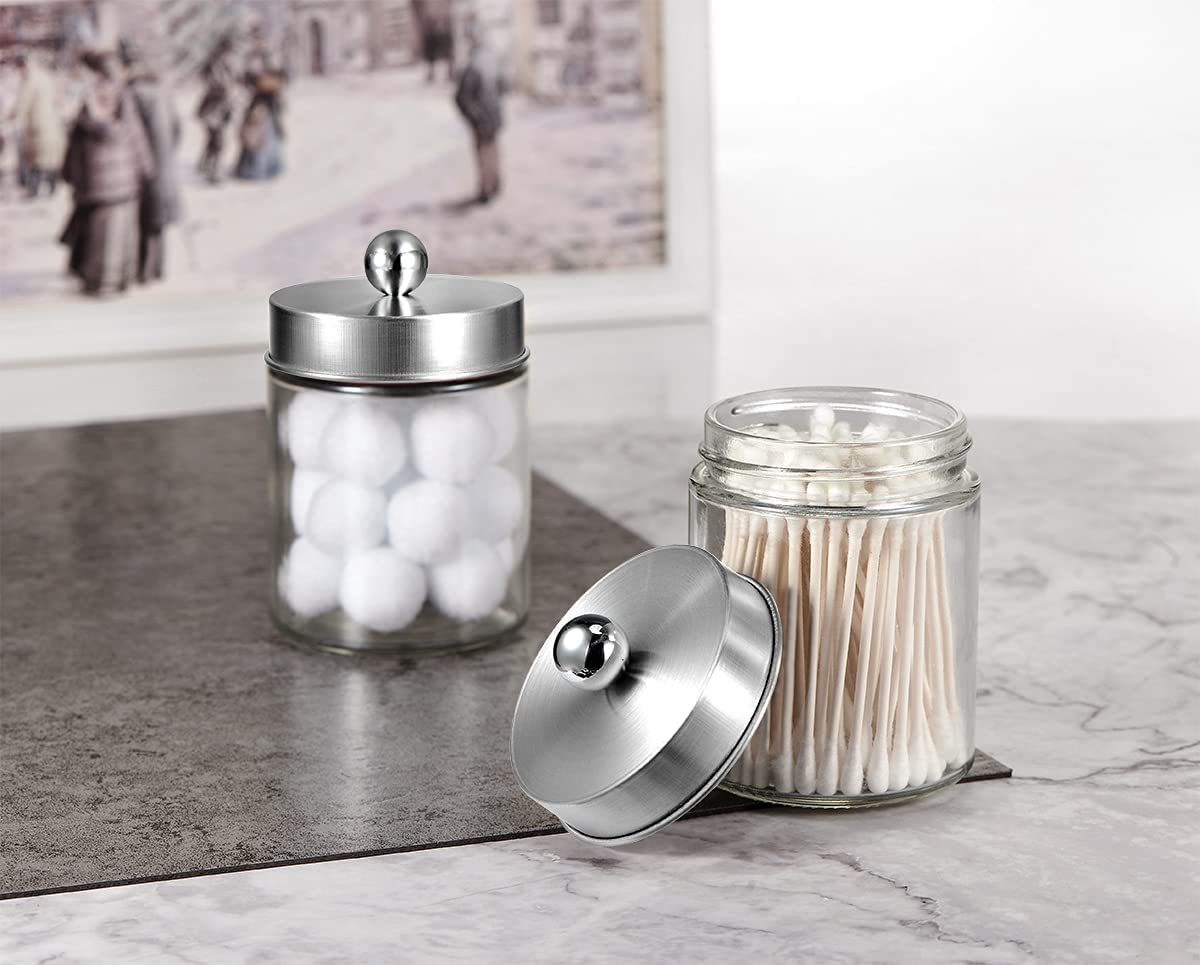 Amolliar 4Pc Apothecary Jars Bathroom Vanity Storage Organizer Set -Countertop Canister with Stainless Steel Lids &Stickers - Qtip Dispenser Holder for Qtip,Cotton Swab,Makeup Sponge (Brushed Nickel)