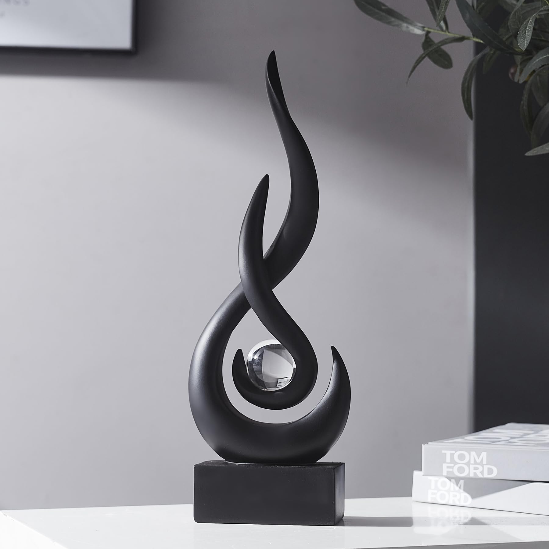 FJS Black Decor Modern Flame Statue Home Decorations for Living Room, 11.8" H Shelf Decor Accents, Abstract Art Resin Sculpture for Dining Room Office Coffee Table Centerpiece
