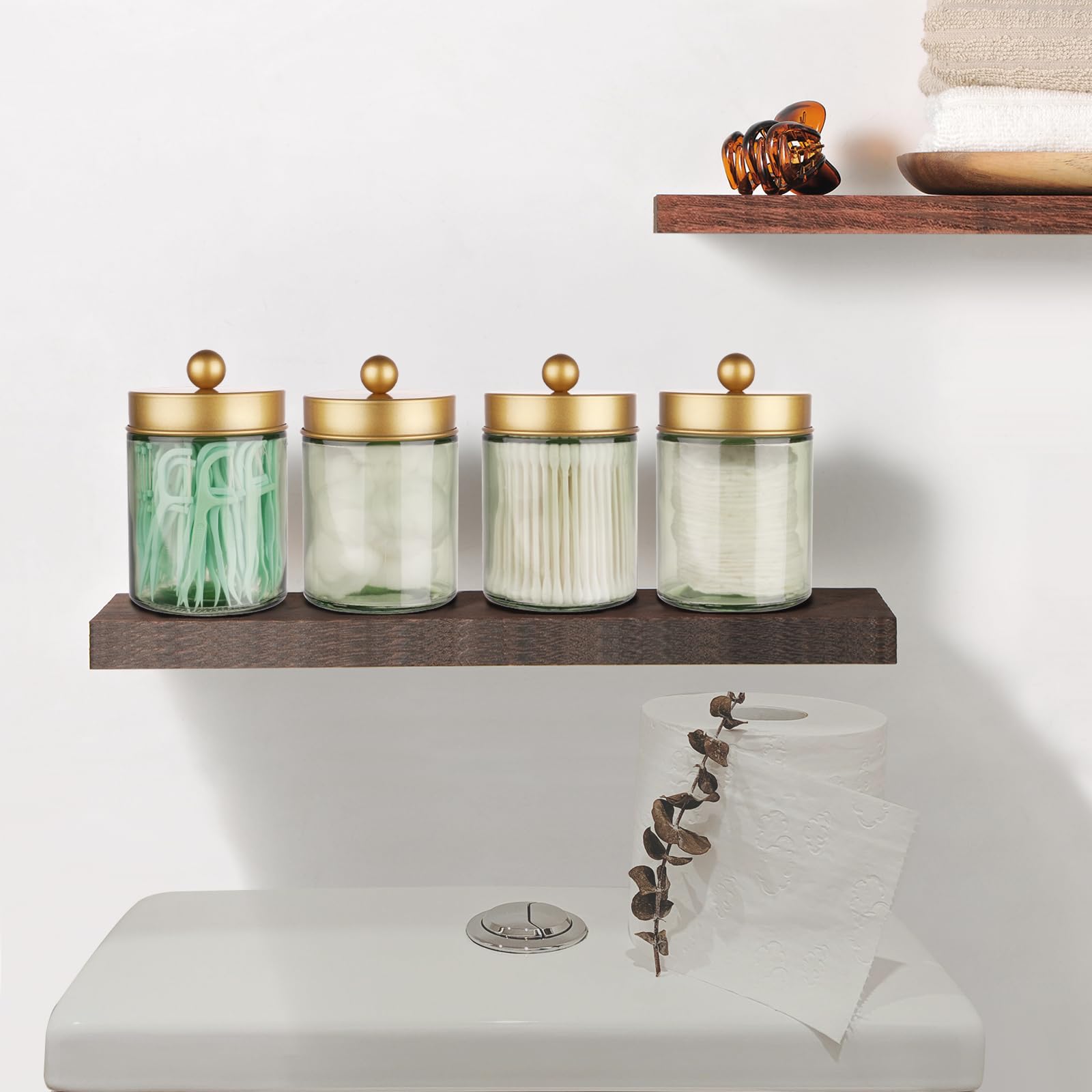 Amolliar 4Pc Apothecary Jars Bathroom Vanity Storage Organizer Set -Countertop Canister with Stainless Steel Lids &Stickers - Qtip Dispenser Holder for Qtip,Cotton Swab,Makeup Sponge (Brushed Nickel)