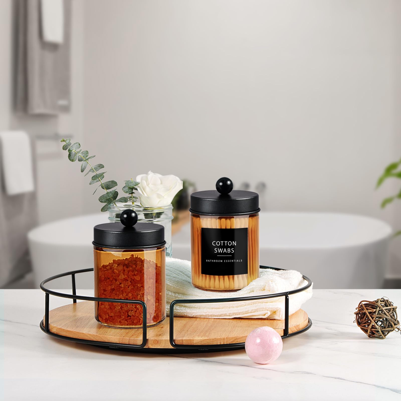 Amolliar 4Pc Apothecary Jars Bathroom Vanity Storage Organizer Set -Countertop Canister with Stainless Steel Lids &Stickers - Qtip Dispenser Holder for Qtip,Cotton Swab,Makeup Sponge (Brushed Nickel)