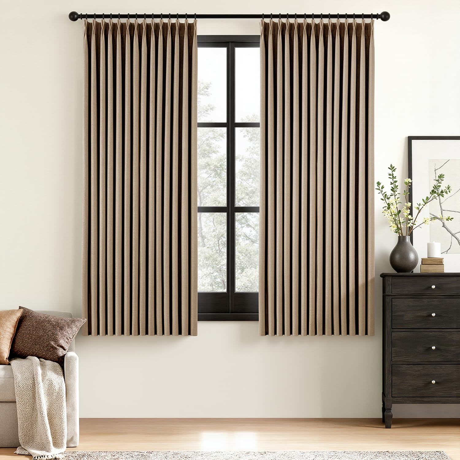 MIULEE Olive Green Pinch Pleated 100% Blackout Linen Curtains 90 Inch Length 2 Panels Set, Black Out Memory Trained Pleat Curtains Light Blocking Room Darkening Drapes for Bedroom Living Room Window