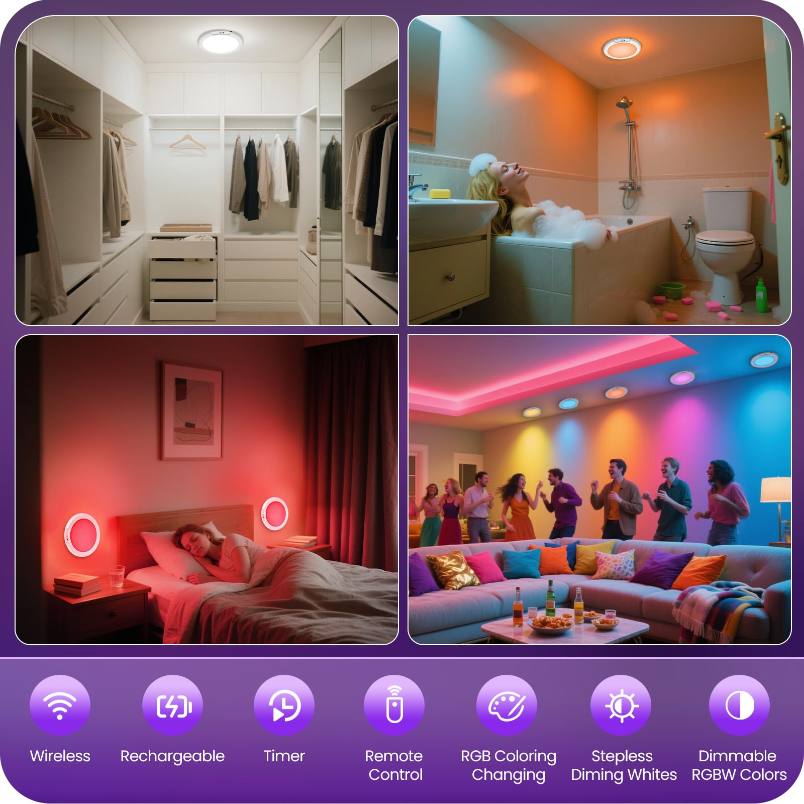 Rechargeable Motion Sensor Ceiling Light with Remote, Wireless Ceiling Light Battery Operated, No Wiring, Magnetic, Dimmable Shower Light, Timer, 3 Color 6000K, Rechargeable Light for Closet Hallway