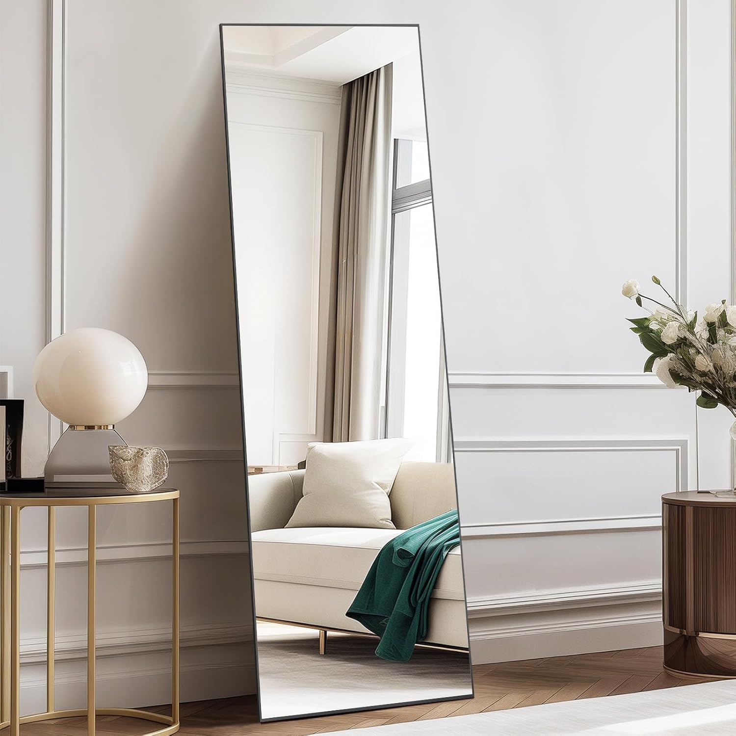 DUMOS Arched Full Length Mirror with Stand 64"x21" Floor Standing Aluminum Frame for Bedroom Body Hanging Leaning Modern Simple Home Decor Shatter-proorf Nano Glass Wall Living Room Cloakroom Black