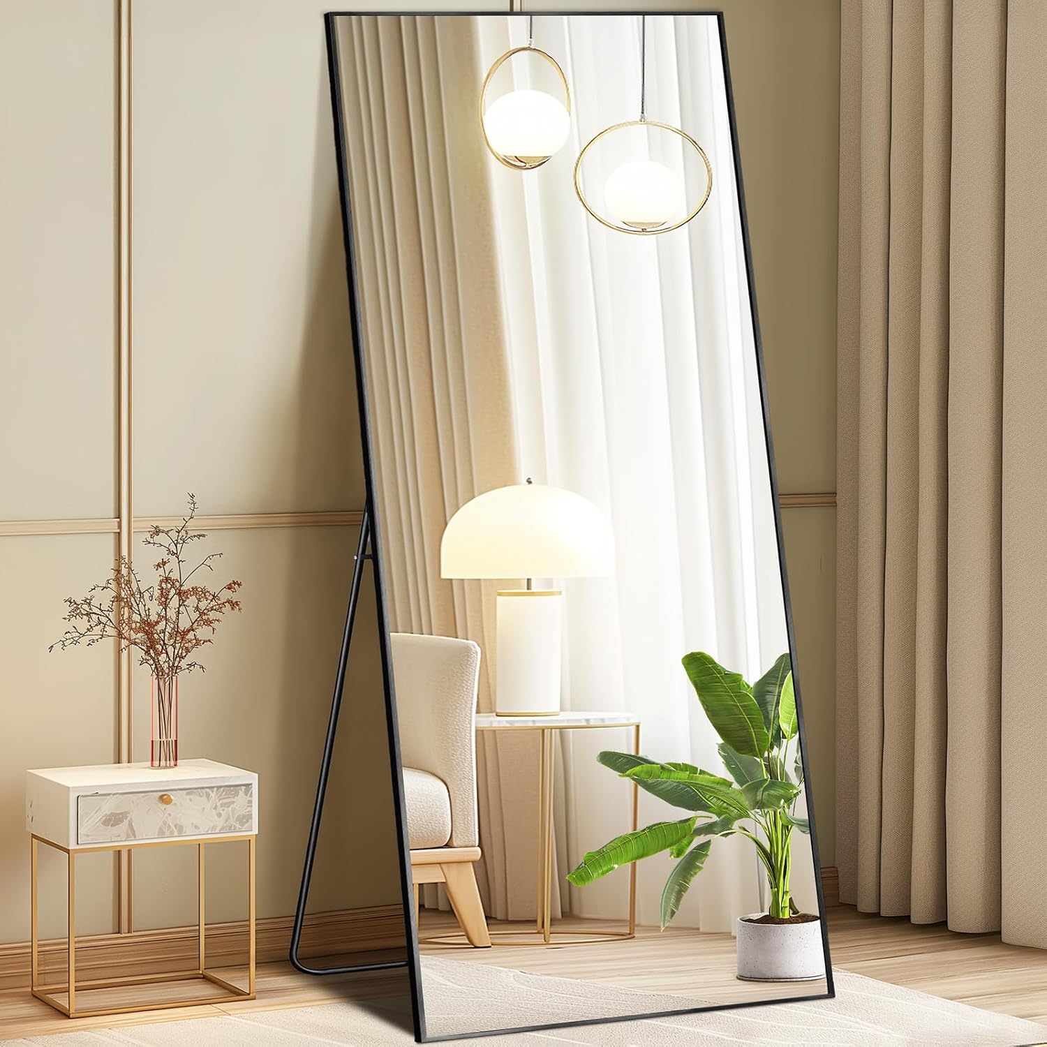 DUMOS Arched Full Length Mirror with Stand 64"x21" Floor Standing Aluminum Frame for Bedroom Body Hanging Leaning Modern Simple Home Decor Shatter-proorf Nano Glass Wall Living Room Cloakroom Black