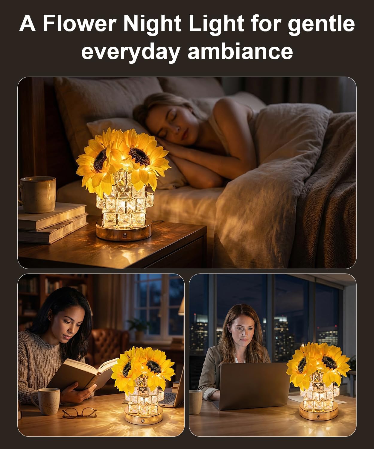 Fussion Sunflower Lamp Gifts for Women, Rechargeable Flowers Night Light, Cordless Decorative Table Lamp with 3 Color Temperatures, Birthday Gifts for Mothers Day Grandma Girlfriend, Bedroom Decor