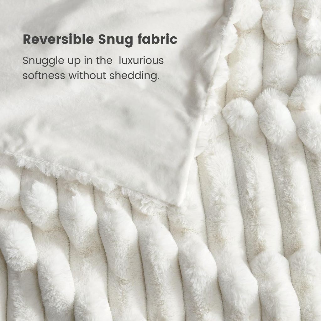 Cozy Bliss Faux Fur Throw Blanket for Couch, Cozy Warm Plush Striped Blanket for Sofa Bedroom Living Room, 50 * 60 Inches Cream White