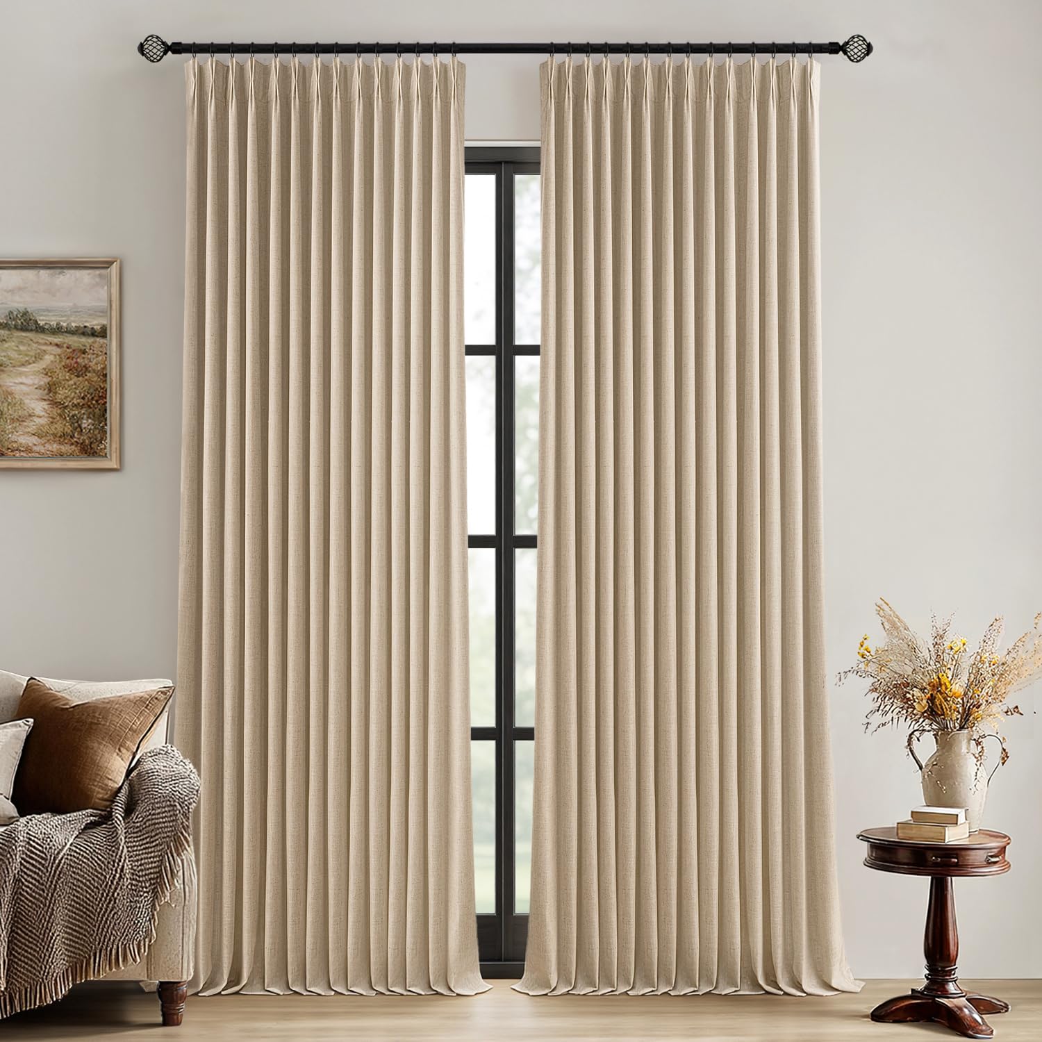 MIULEE Olive Green Pinch Pleated 100% Blackout Linen Curtains 90 Inch Length 2 Panels Set, Black Out Memory Trained Pleat Curtains Light Blocking Room Darkening Drapes for Bedroom Living Room Window