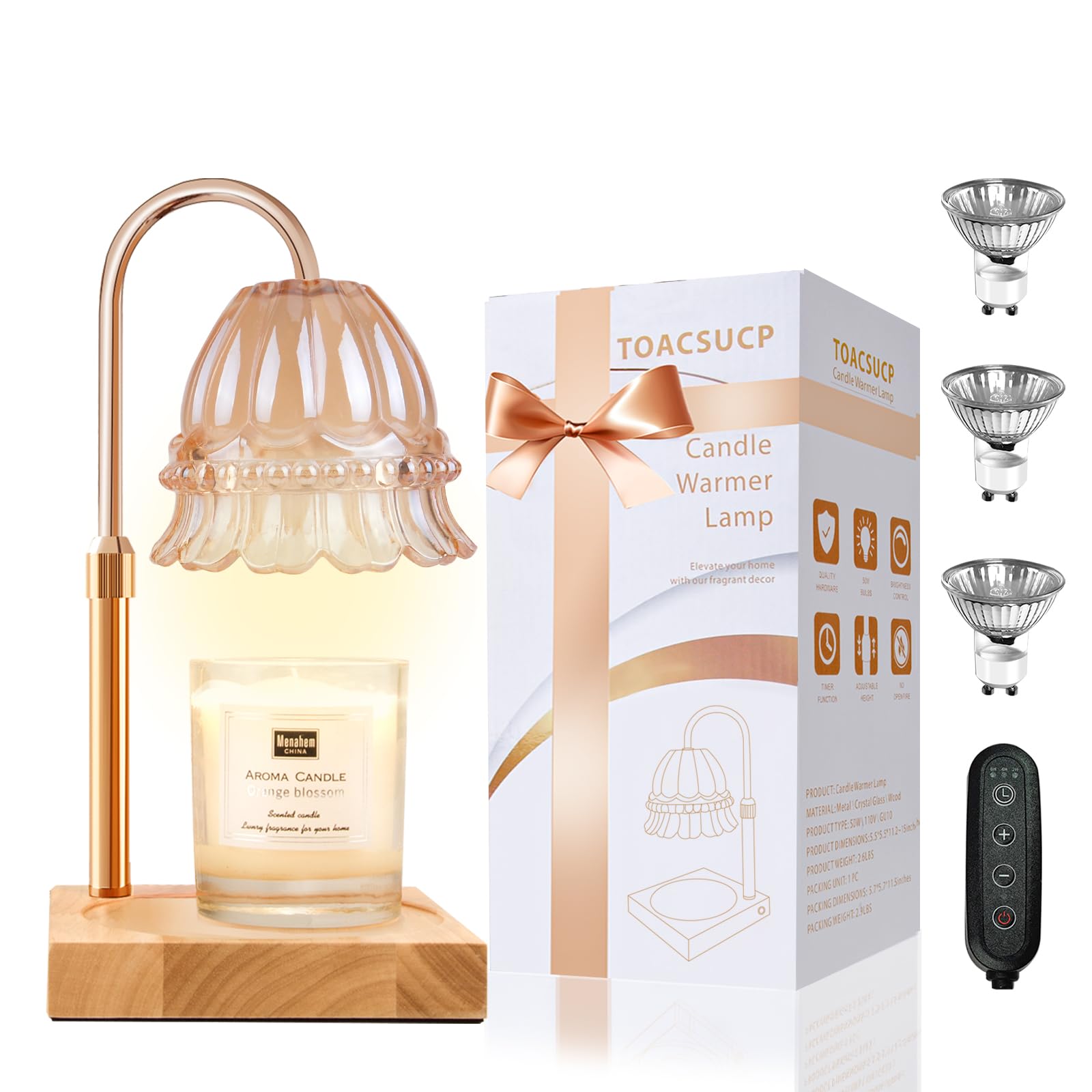 Candle Warmer Lamp with 3 Bulbs, Adjustable Height Dimmable Candle Warmer with Timer, Candle Lamp with Charming Gift Box Ribbon,Birthday Gifts for Women Mom, House Warming Gifts New Home Decor