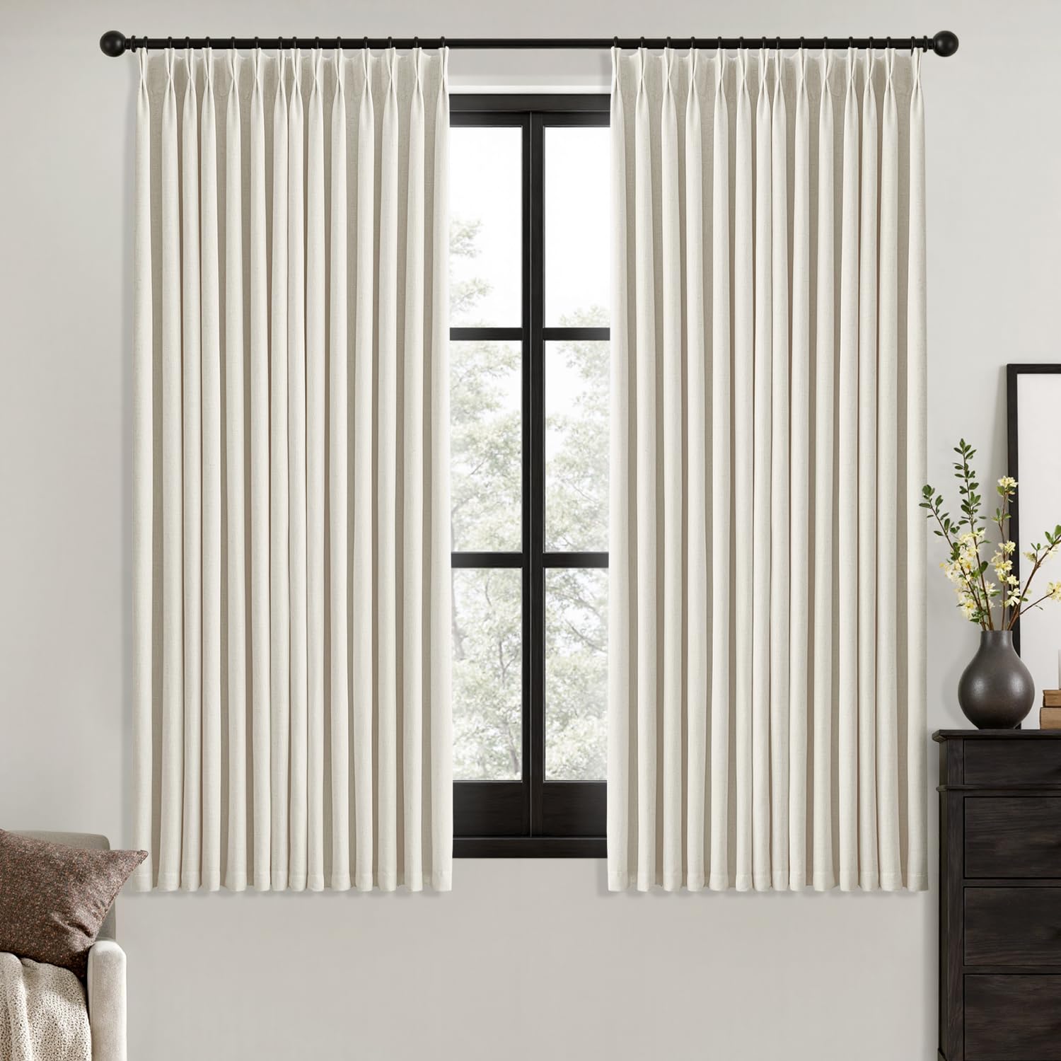 MIULEE Olive Green Pinch Pleated 100% Blackout Linen Curtains 90 Inch Length 2 Panels Set, Black Out Memory Trained Pleat Curtains Light Blocking Room Darkening Drapes for Bedroom Living Room Window
