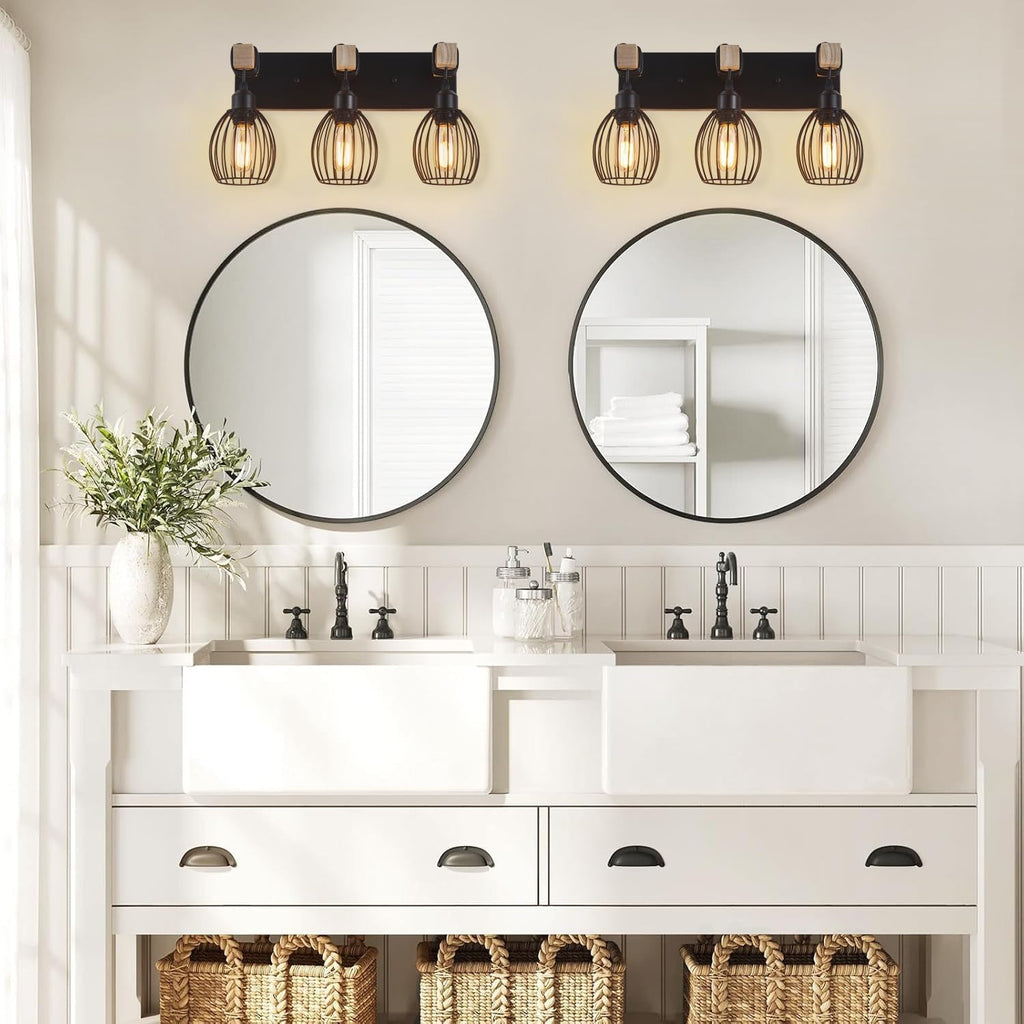 3-Light Farmhouse Vanity Light for Bathroom, Wood Wall Sconce with Elegant Teardrop Cage, Industrial Black Vanity Lights Over Mirror for Living Room Bedroom Hallway