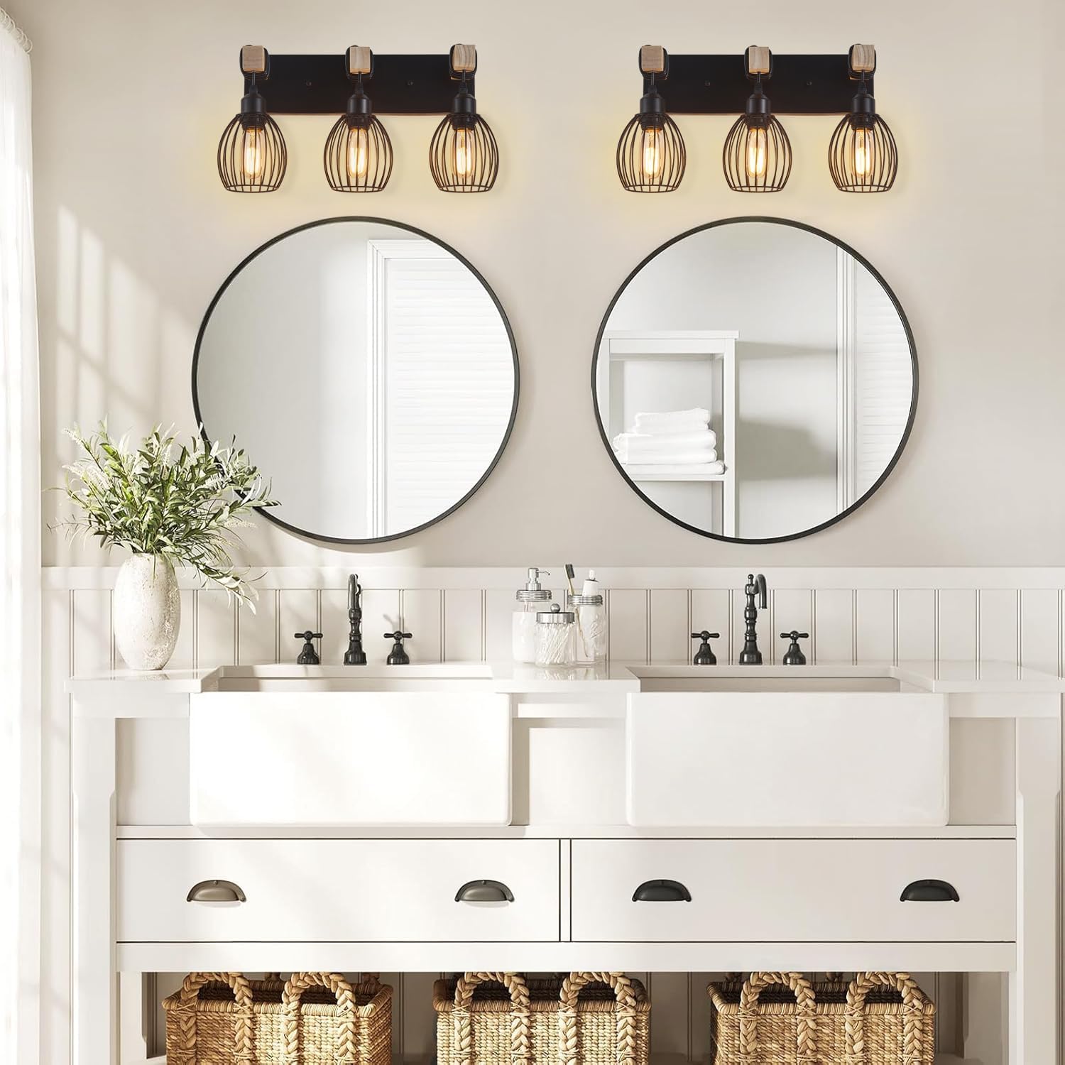 3-Light Farmhouse Vanity Light for Bathroom, Wood Wall Sconce with Elegant Teardrop Cage, Industrial Black Vanity Lights Over Mirror for Living Room Bedroom Hallway