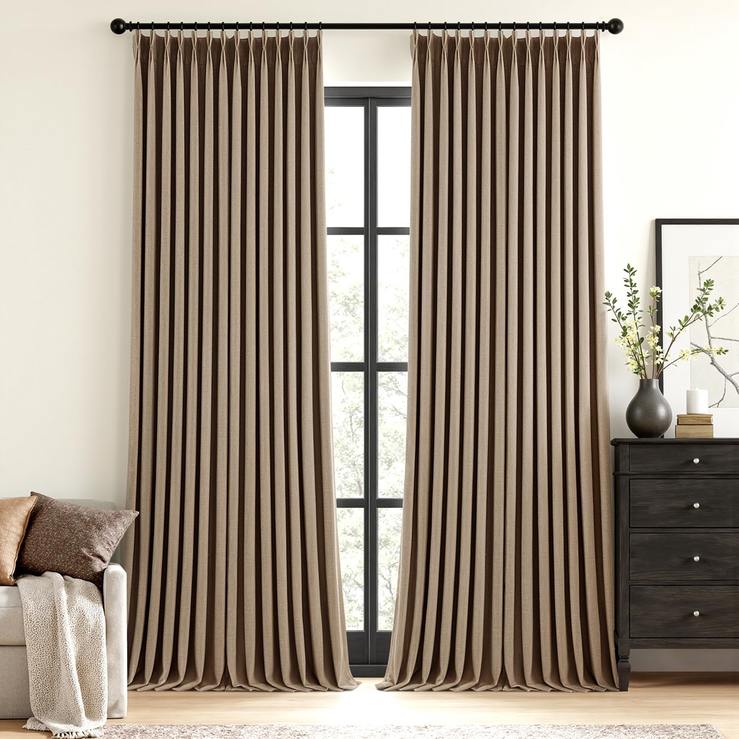 MIULEE Olive Green Pinch Pleated 100% Blackout Linen Curtains 90 Inch Length 2 Panels Set, Black Out Memory Trained Pleat Curtains Light Blocking Room Darkening Drapes for Bedroom Living Room Window