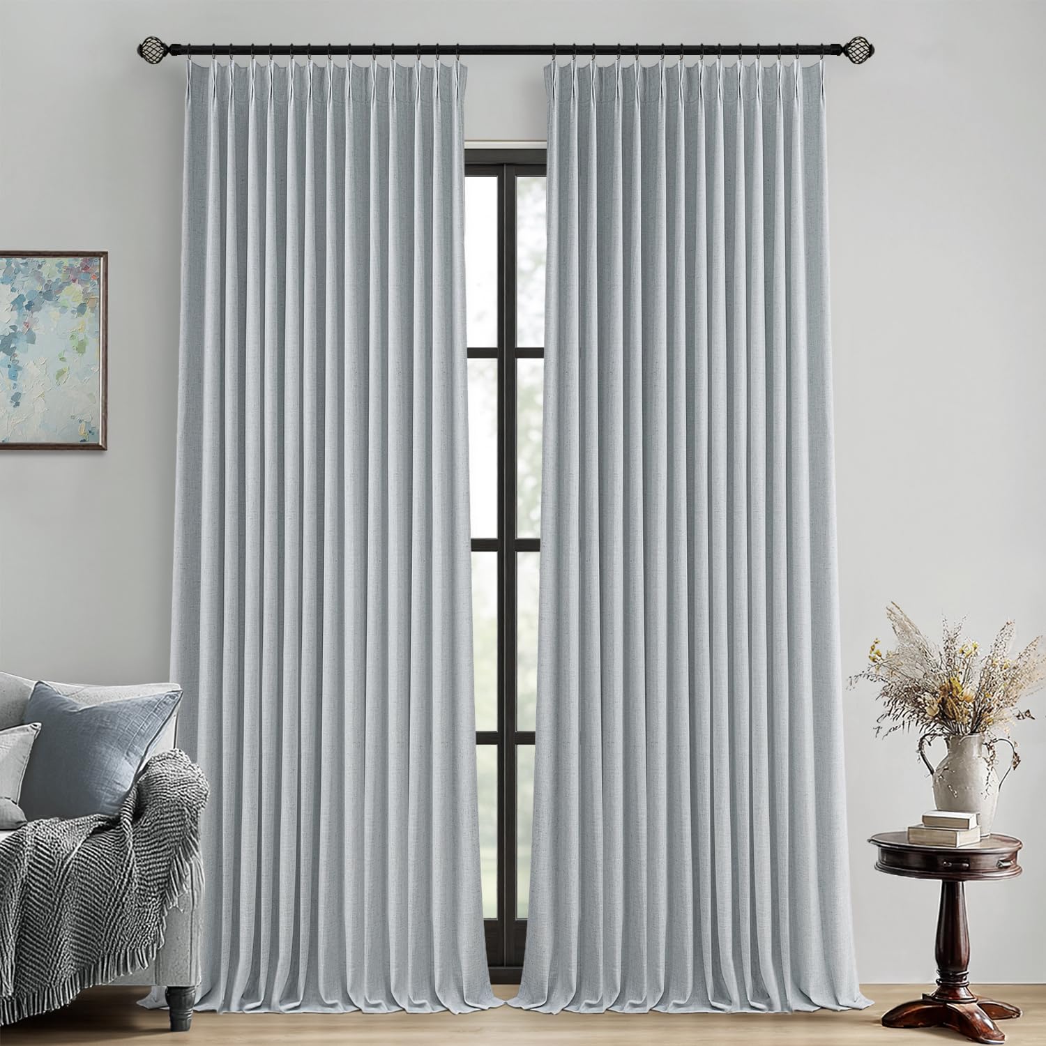 MIULEE Olive Green Pinch Pleated 100% Blackout Linen Curtains 90 Inch Length 2 Panels Set, Black Out Memory Trained Pleat Curtains Light Blocking Room Darkening Drapes for Bedroom Living Room Window
