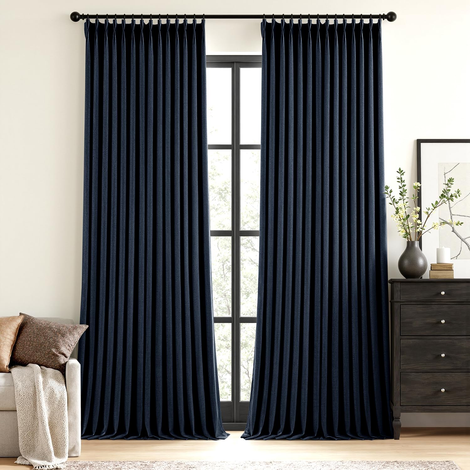 MIULEE Olive Green Pinch Pleated 100% Blackout Linen Curtains 90 Inch Length 2 Panels Set, Black Out Memory Trained Pleat Curtains Light Blocking Room Darkening Drapes for Bedroom Living Room Window