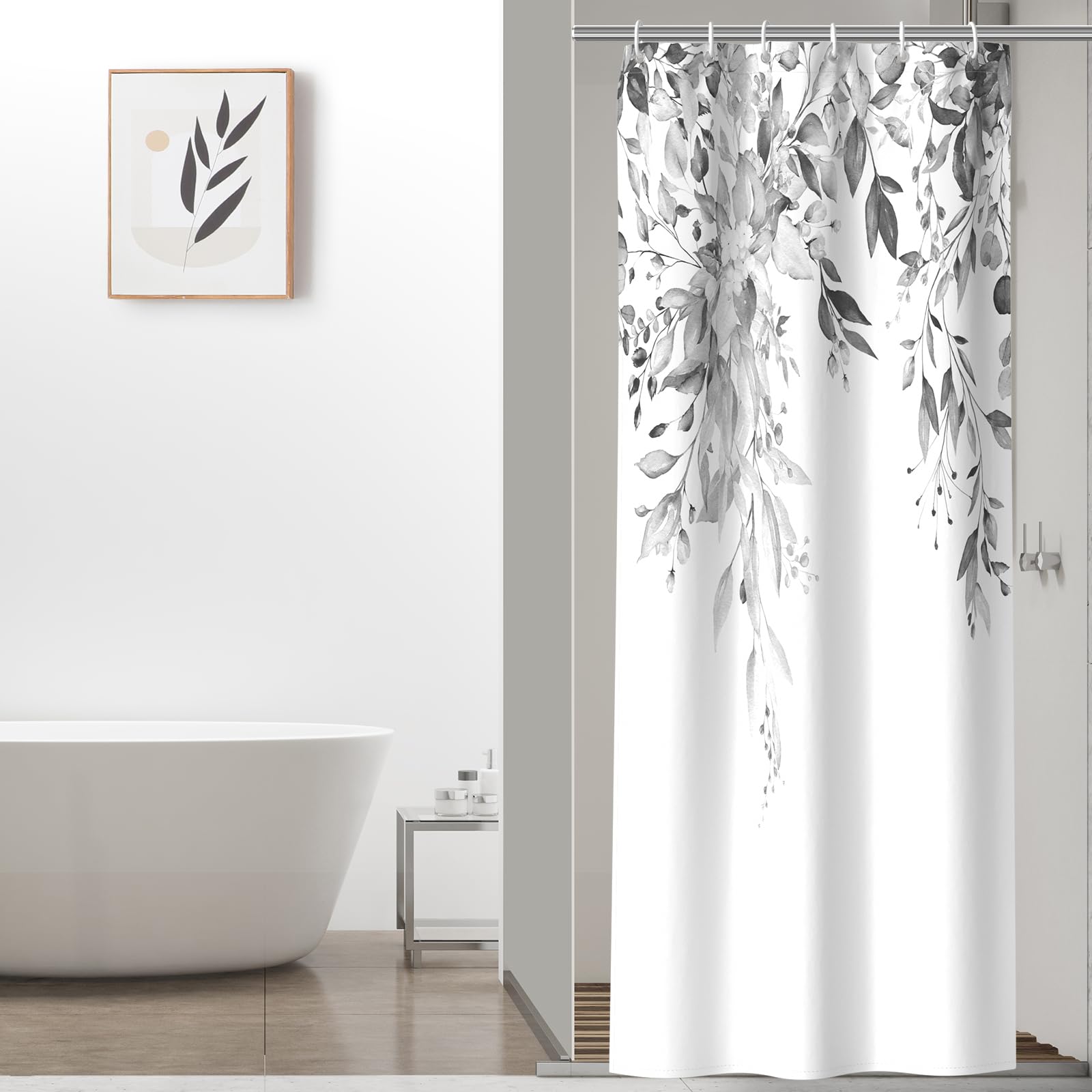 Colorful Star Sage Green Eucalyptus Waterproof Shower Curtain Set with Hooks, Minimalist Watercolor Floral Print Bathroom Décor, Plant Leaves Washable Fabric Shower Curtain, 72 x 72 Inch