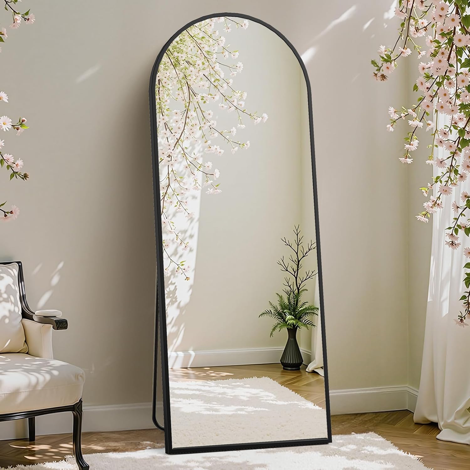 DUMOS Arched Full Length Mirror with Stand 64"x21" Floor Standing Aluminum Frame for Bedroom Body Hanging Leaning Modern Simple Home Decor Shatter-proorf Nano Glass Wall Living Room Cloakroom Black