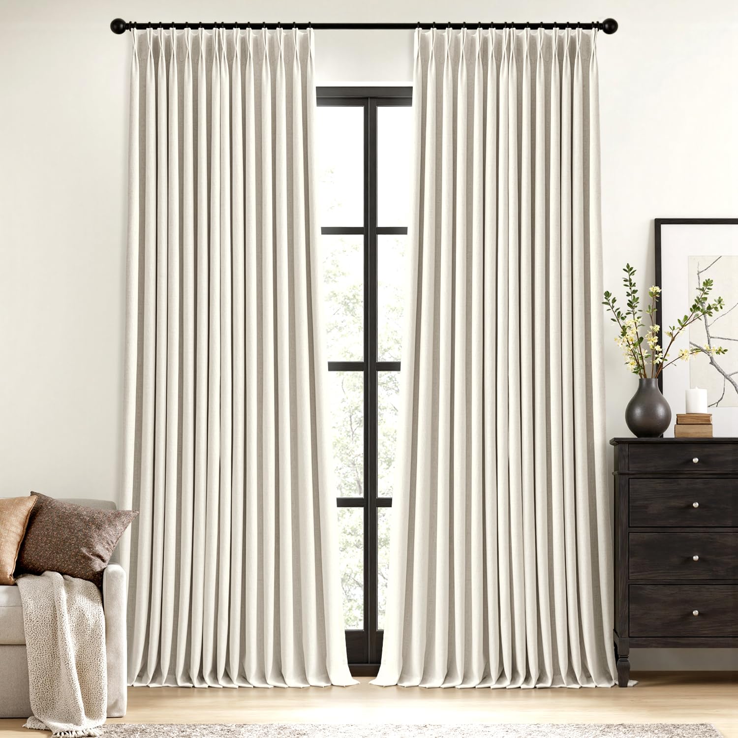MIULEE Olive Green Pinch Pleated 100% Blackout Linen Curtains 90 Inch Length 2 Panels Set, Black Out Memory Trained Pleat Curtains Light Blocking Room Darkening Drapes for Bedroom Living Room Window