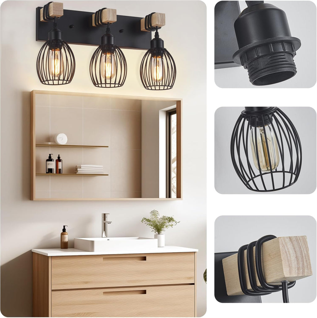 3-Light Farmhouse Vanity Light for Bathroom, Wood Wall Sconce with Elegant Teardrop Cage, Industrial Black Vanity Lights Over Mirror for Living Room Bedroom Hallway