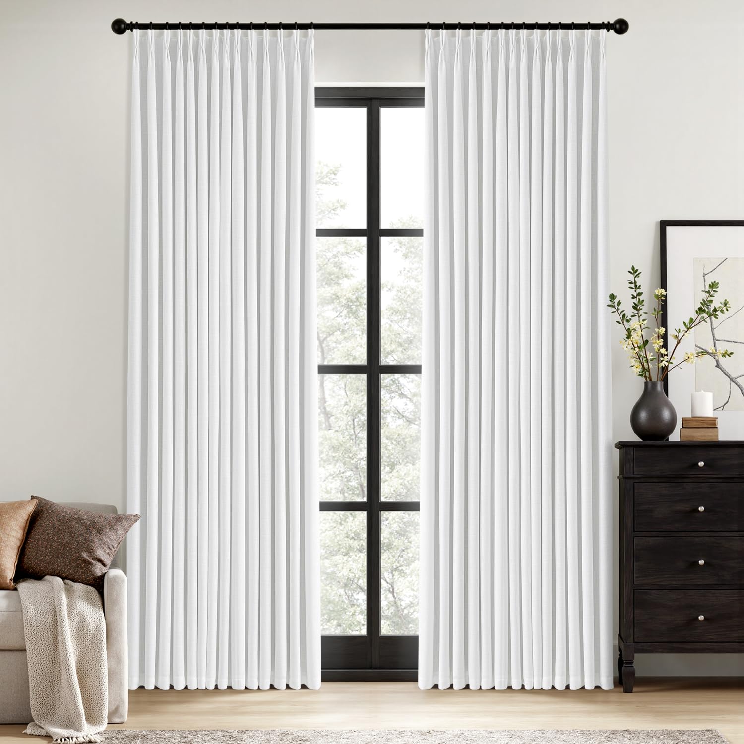 MIULEE Olive Green Pinch Pleated 100% Blackout Linen Curtains 90 Inch Length 2 Panels Set, Black Out Memory Trained Pleat Curtains Light Blocking Room Darkening Drapes for Bedroom Living Room Window