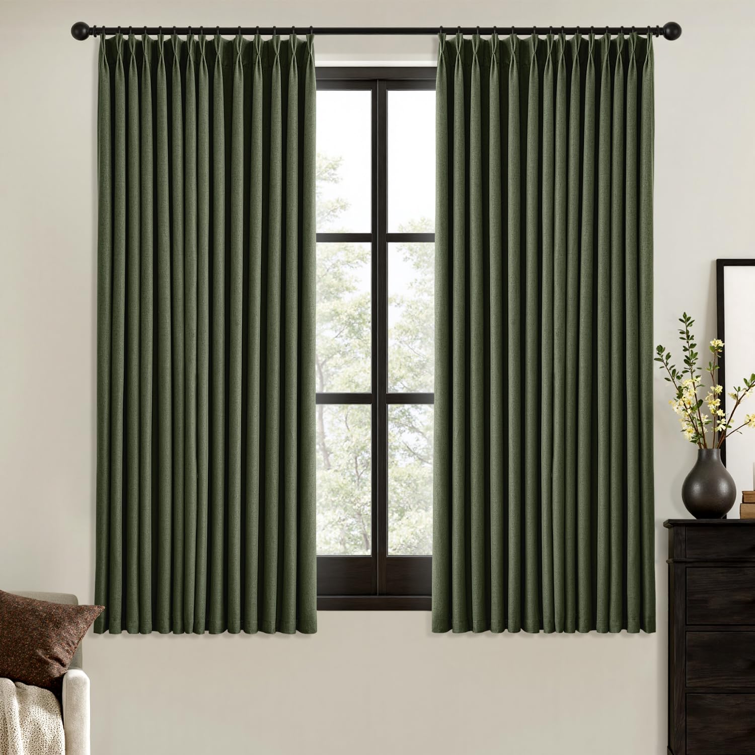 MIULEE Olive Green Pinch Pleated 100% Blackout Linen Curtains 90 Inch Length 2 Panels Set, Black Out Memory Trained Pleat Curtains Light Blocking Room Darkening Drapes for Bedroom Living Room Window
