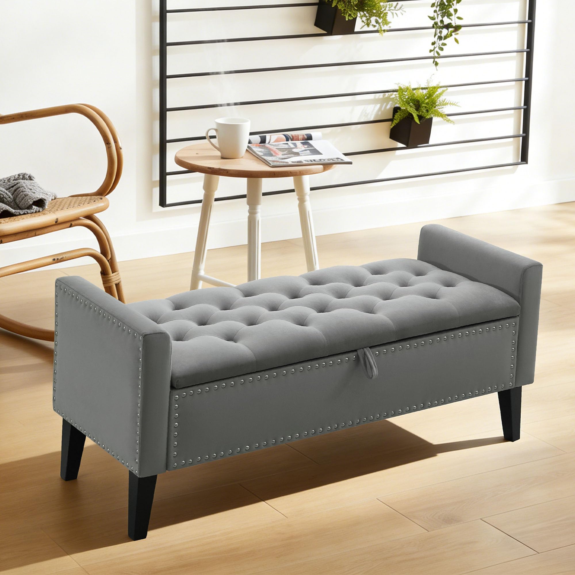 47in Velvet Storage Ottoman Bench with Arms, Upholstered Storage Bench with Wooden Legs, Storage Bench for Bedroom, Living Room, Entryway, Blue Grey