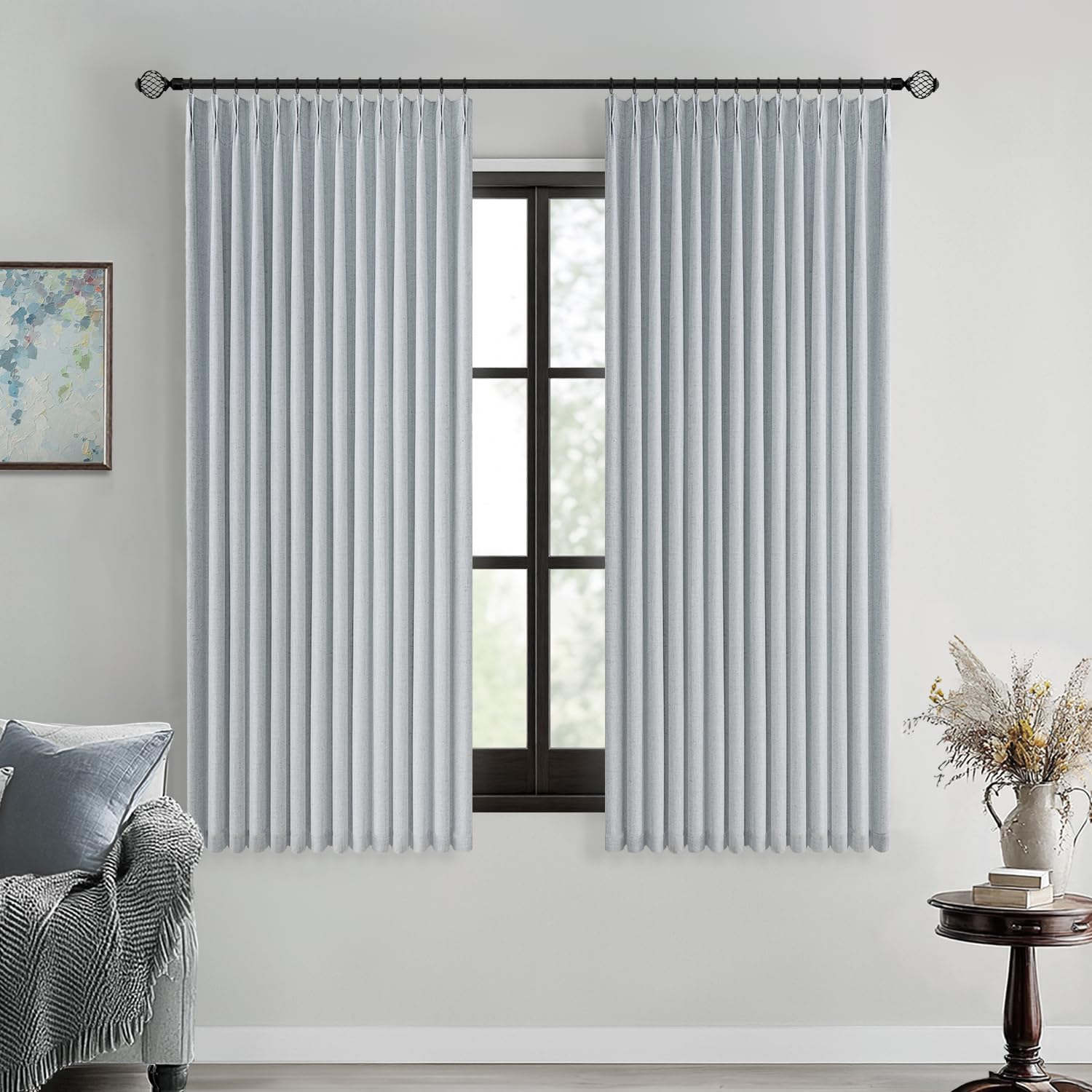 MIULEE Olive Green Pinch Pleated 100% Blackout Linen Curtains 90 Inch Length 2 Panels Set, Black Out Memory Trained Pleat Curtains Light Blocking Room Darkening Drapes for Bedroom Living Room Window