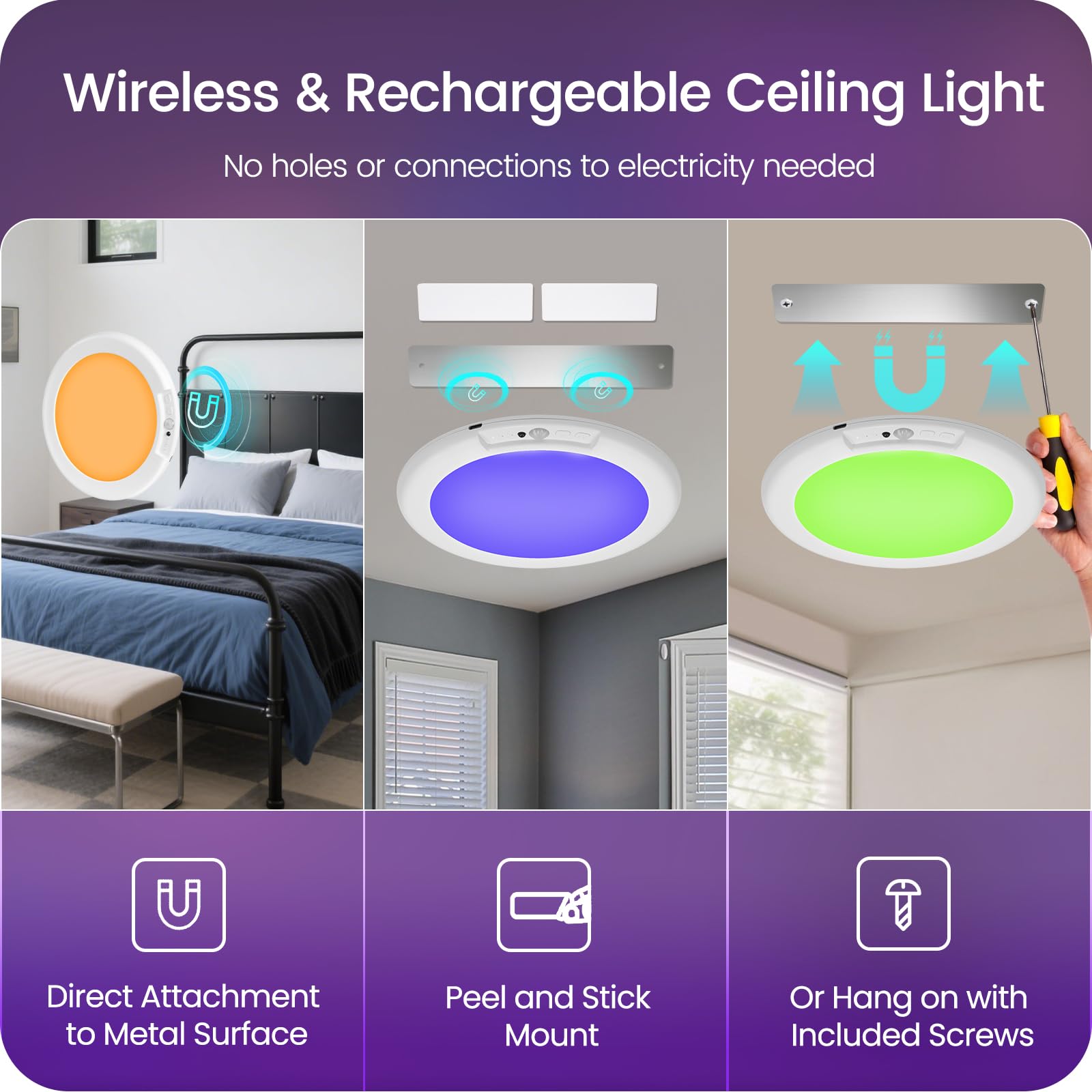 Rechargeable Motion Sensor Ceiling Light with Remote, Wireless Ceiling Light Battery Operated, No Wiring, Magnetic, Dimmable Shower Light, Timer, 3 Color 6000K, Rechargeable Light for Closet Hallway