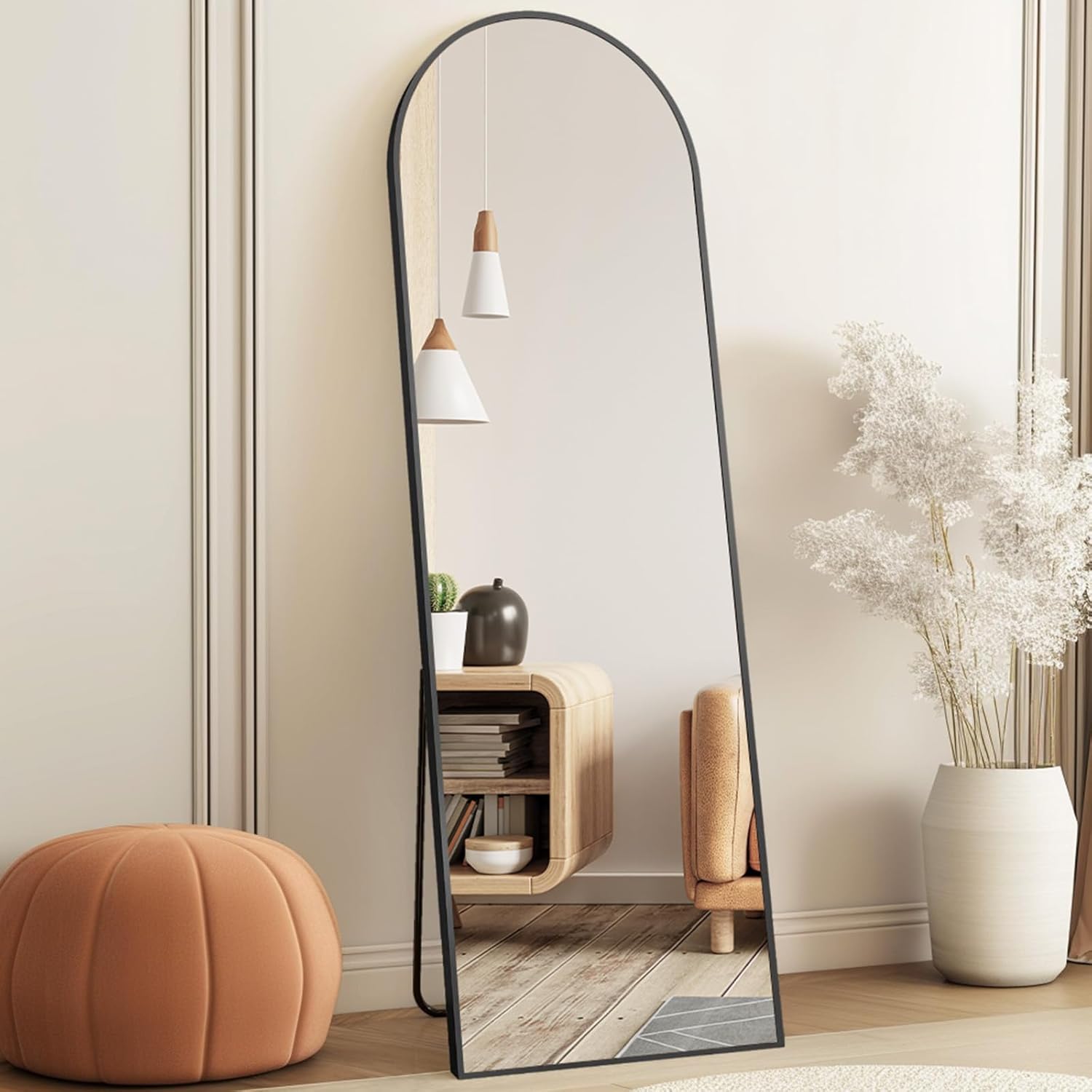 DUMOS Arched Full Length Mirror with Stand 64"x21" Floor Standing Aluminum Frame for Bedroom Body Hanging Leaning Modern Simple Home Decor Shatter-proorf Nano Glass Wall Living Room Cloakroom Black
