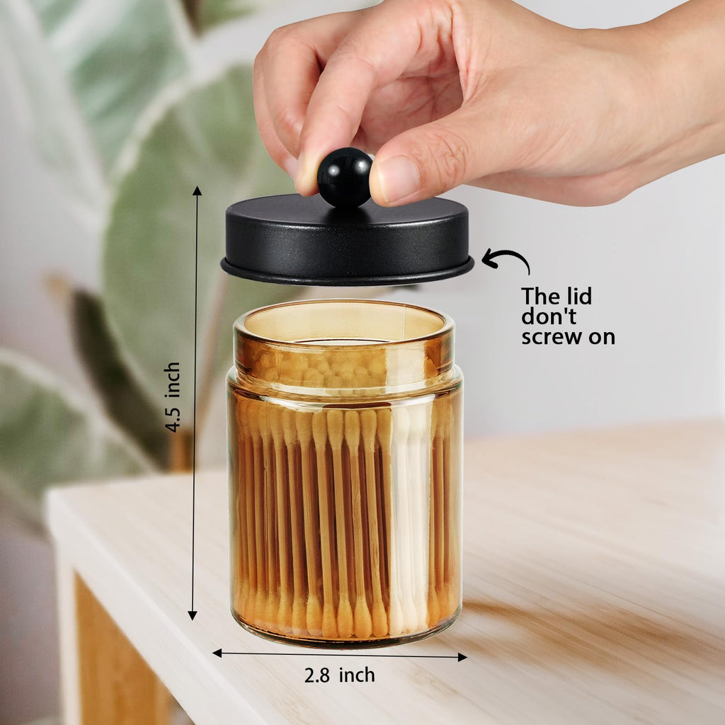 Amolliar 4Pc Apothecary Jars Bathroom Vanity Storage Organizer Set -Countertop Canister with Stainless Steel Lids &Stickers - Qtip Dispenser Holder for Qtip,Cotton Swab,Makeup Sponge (Brushed Nickel)