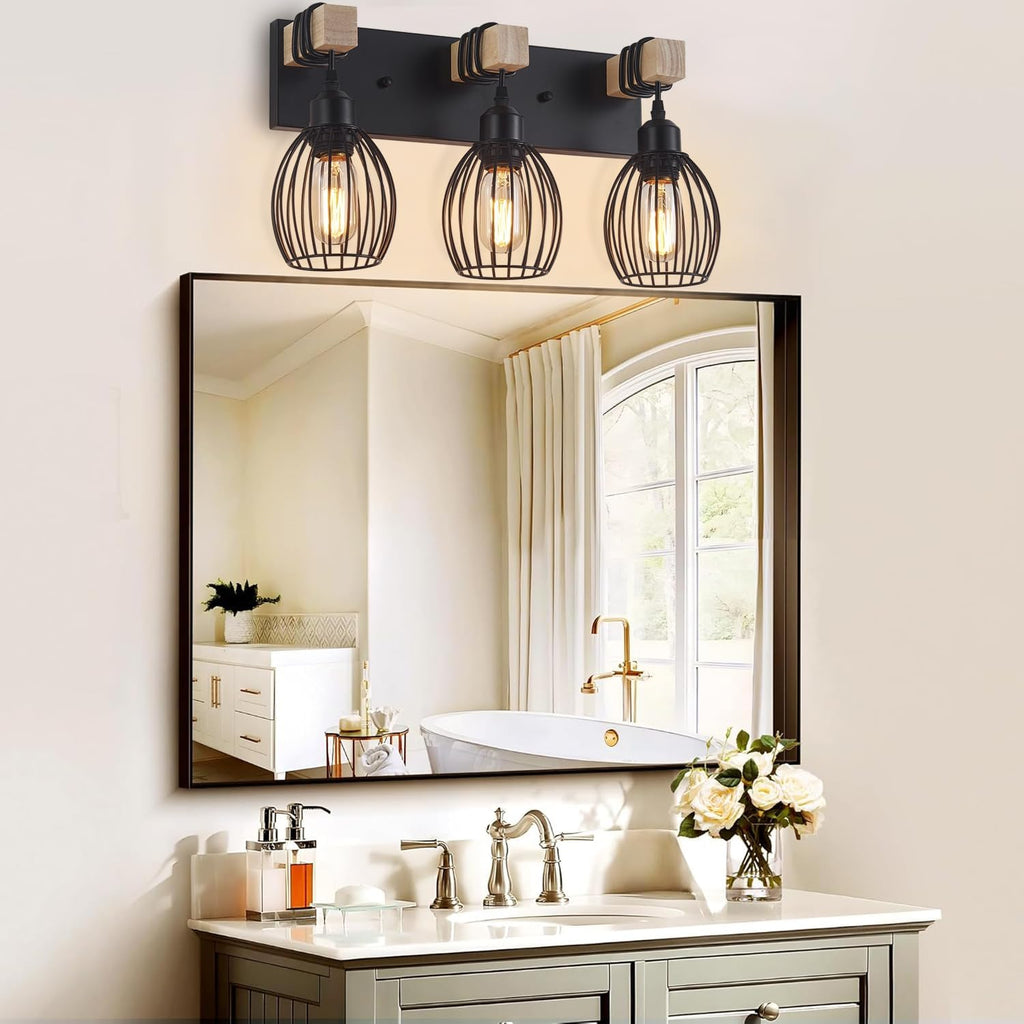 3-Light Farmhouse Vanity Light for Bathroom, Wood Wall Sconce with Elegant Teardrop Cage, Industrial Black Vanity Lights Over Mirror for Living Room Bedroom Hallway